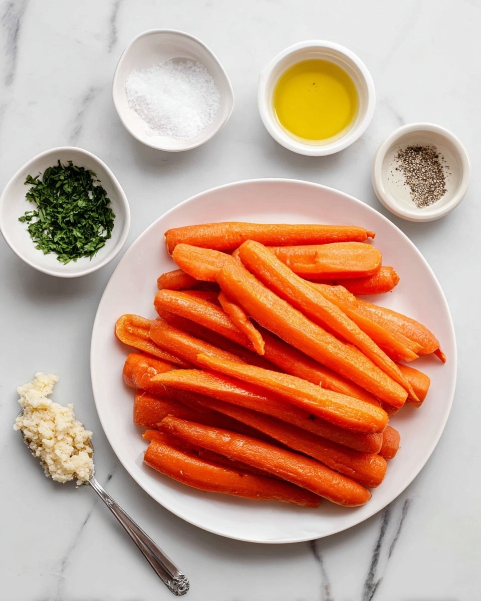 A white plate full of bright orange carrots lies on a white marbled surface. Around the plate, there are five small white bowls with different ingredients: one bowl has green chopped herbs, one bowl has white powdery seasoning, another bowl has white salt and black pepper, and the last one has yellow oil. A silver spoon holds a beige, chopped ingredient next to the bowls. The colors are bright and clear, with the carrots as the main focus. photo taken with an iphone --ar 4:5 --v 7