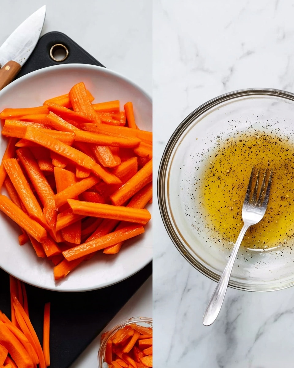 The image is split into two parts on a white marbled surface; the left side shows a white plate full of whole peeled carrots next to a black cutting board with sliced carrot sticks arranged in a pile, a silver knife resting with its blade on the board, and a container with carrot peels below. The right side shows a clear glass bowl with a light golden liquid mixture sprinkled with black pepper and a silver fork resting inside the bowl. photo taken with an iphone --ar 4:5 --v 7