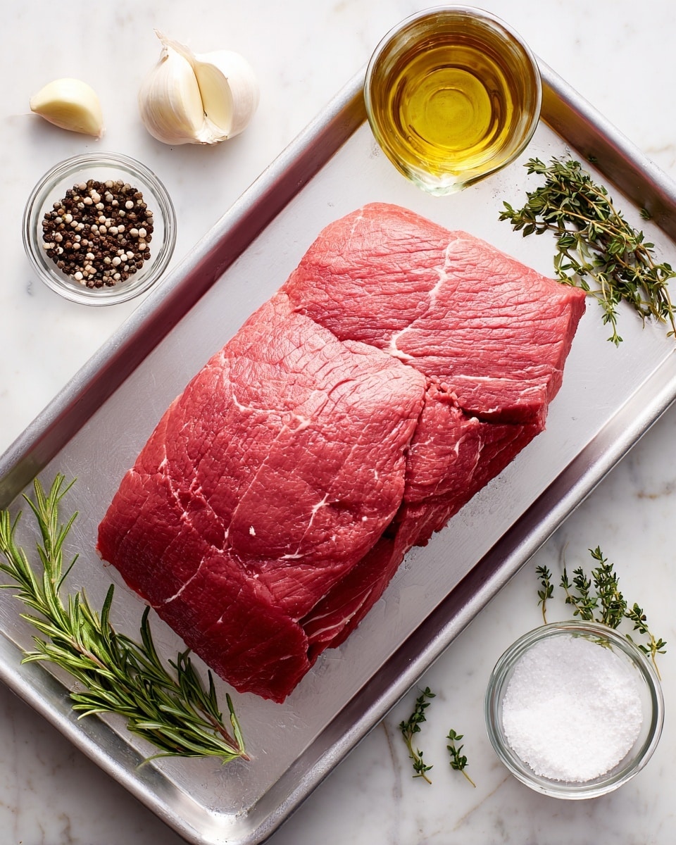 A large piece of raw red beef with visible texture and fat marbling is placed in the middle of a metal tray. Around the tray, on a white marbled surface, there are three cloves of peeled garlic at the top left, a small glass bowl filled with cracked black pepper below the garlic, and a few sprigs of green rosemary lying next to the pepper. On the right side, there is a small glass measuring cup with golden oil near the top, fresh green thyme sprigs below the oil, and a small clear bowl filled with white salt at the bottom right. The scene is bright and clean. photo taken with an iphone --ar 4:5 --v 7