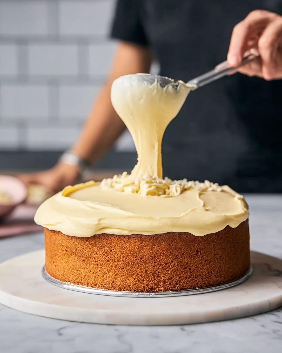 A single-layer round golden brown cake sits on a white marbled surface, surrounded by a silver cake ring at the base. A thick smooth layer of creamy pale yellow frosting is being spread on top, with some frosting gently pouring from a metal scoop held by a woman's hand. The background is soft and blurred with light gray tiles and a person wearing a black shirt. Photo taken with an iphone --ar 4:5 --v 7