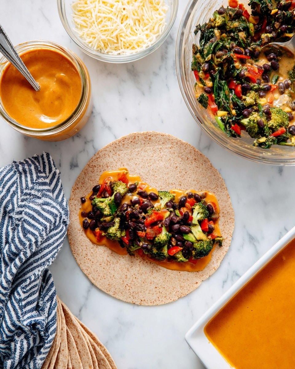 A single round whole wheat tortilla lies flat on a white marbled surface, topped with a colorful mix of cooked broccoli florets, black beans, chopped red bell peppers, and wilted spinach, all evenly spread in a thick horizontal strip in the center of the tortilla. Nearby, a stack of plain whole wheat tortillas is partially wrapped in a blue and white striped cloth napkin. To the side, a glass bowl holds more of the mixed vegetable and bean filling with a spoon resting inside, and a clear round bowl is filled with shredded white cheese. In the upper left, a small glass jar contains a smooth orange sauce with a silver spoon inside. At the top right corner, a white rectangular dish is filled with the same vibrant orange sauce, spread smoothly across the surface. The scene is set on a clean white marbled tabletop. Photo taken with an iphone --ar 4:5 --v 7