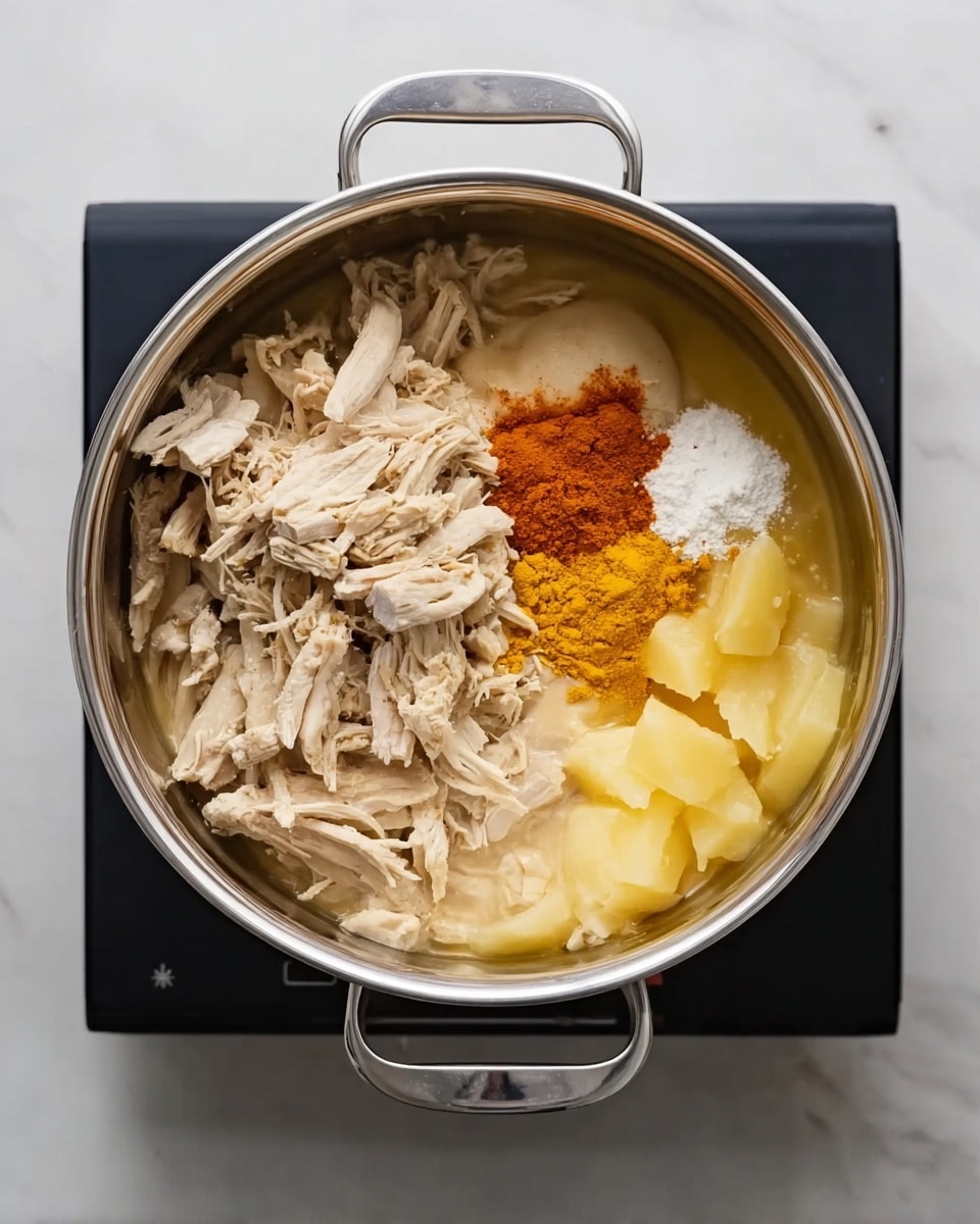 A large silver pot on a black stovetop holds several layers of ingredients: on the left, there is shredded cooked chicken in light brown and beige shades; next to it on the right, dollops of a light beige creamy sauce, a small pile of bright orange powder, and a white powder are visible; at the bottom of the pot are soft yellow pieces submerged in liquid. The background is a white marbled surface. Photo taken with an iphone --ar 4:5 --v 7