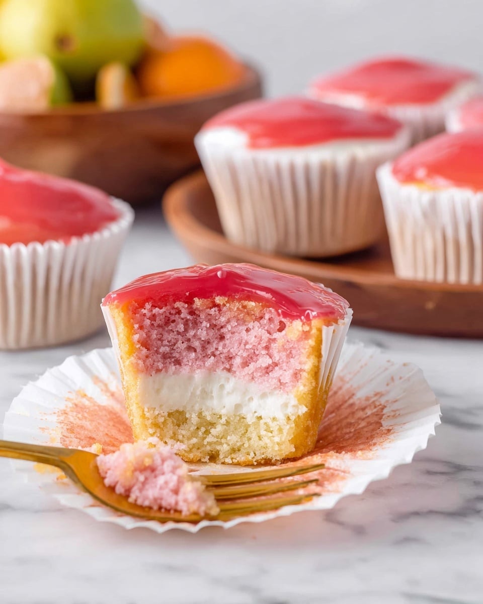 The image shows a pink cupcake with three visible layers: the bottom layer is a light pink cake, the middle layer is white cream, and the top layer is a smooth, glossy red glaze. The cupcake is in a white paper liner that is partly peeled away, revealing the soft cake inside. A gold fork rests on the liner, holding a small piece of cake. In the background, there are three more similar cupcakes in white paper liners and a wooden bowl filled with fruit on a white marbled surface. photo taken with an iphone --ar 4:5 --v 7
