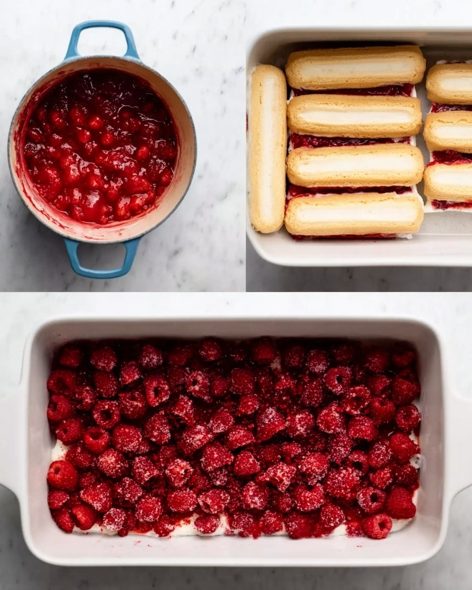 The dish shows three stages of making a dessert with raspberries and ladyfinger cookies layered in a white rectangular dish over a white marbled surface. The first image shows a thick layer of bright red raspberries mixed together with some juice in a cream pot with a blue handle. The second image displays the base layer of light beige ladyfinger cookies, soft and aligned in two neat rows, inserted over a thin layer of raspberry mixture that has soaked slightly into the cookies. The third image shows a scattered layer of crushed bright red raspberries spread unevenly on top of the ladyfingers, adding texture and color contrast. Photo taken with an iphone --ar 4:5 --v 7