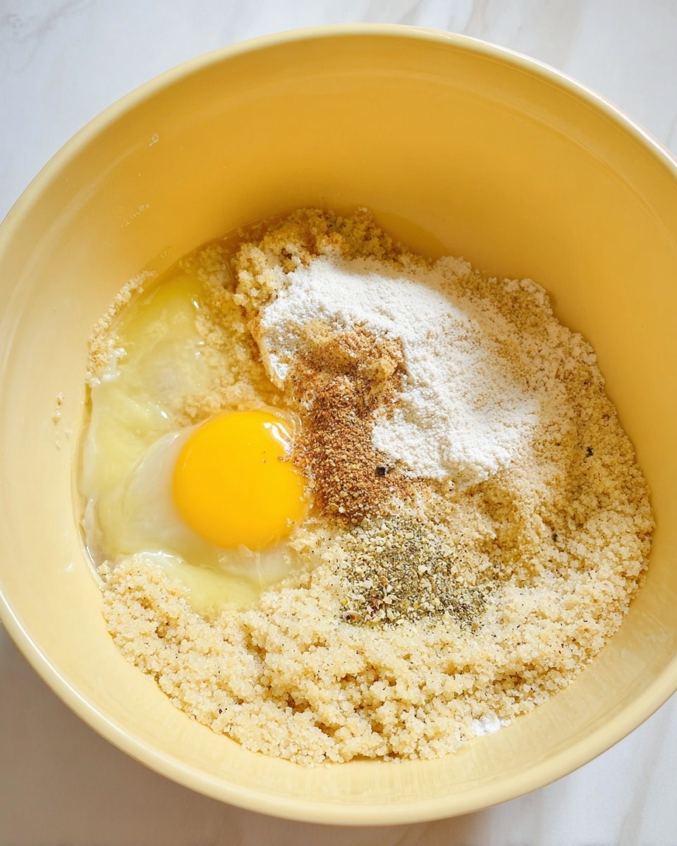 A pale yellow bowl holds several dry and wet ingredients layered together before mixing. On the left bottom sits a bright yellow egg yolk with clear egg white around it, next to a light beige grainy mixture covering most of the bowl's bottom and far sides. In the center, a small mound of white flour is topped with some brownish herbs and light brown spice powder. To the right, a slightly shiny, pale beige moist mixture blends softly into the dry ingredients. The bowl sits on a white marbled surface. Photo taken with an iphone --ar 4:5 --v 7