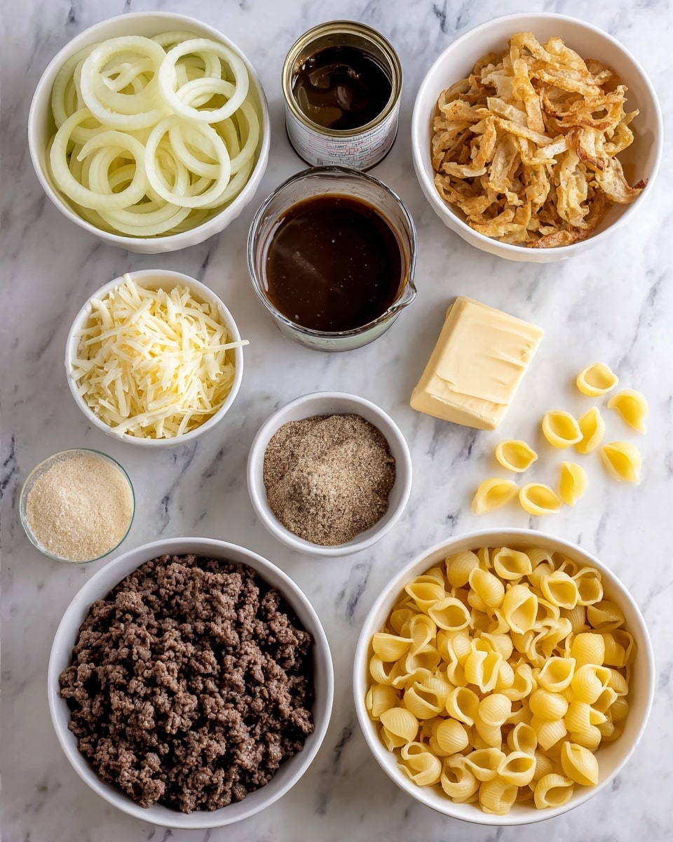 This image shows several white bowls and containers arranged on a white marbled surface. Starting from the top left, a bowl holds thin, pale yellow onion rings. To its right, two open cans filled with dark brown liquid labeled French onion soup sit next to a white bowl full of golden brown crispy onions with a rough, crunchy texture. Below the onion rings, a small white bowl contains fine, pale yellow parmesan cheese. In the center, a larger white bowl holds crumbled, cooked ground beef that is dark brown and moist. To the bottom left, a small white bowl has a light brown and beige mix labeled French onion soup mix. Next to it, a clear glass measuring cup contains dark brown beef stock liquid with a smooth surface. On the bottom right side, a larger white bowl is filled with dry, uncooked pasta shells that are bright yellow and smooth. Near the right edge of the image, there is a partially unwrapped stick of pale yellow butter on the white marbled surface. Some pasta shells are scattered near the butter. Photo taken with an iphone --ar 4:5 --v 7