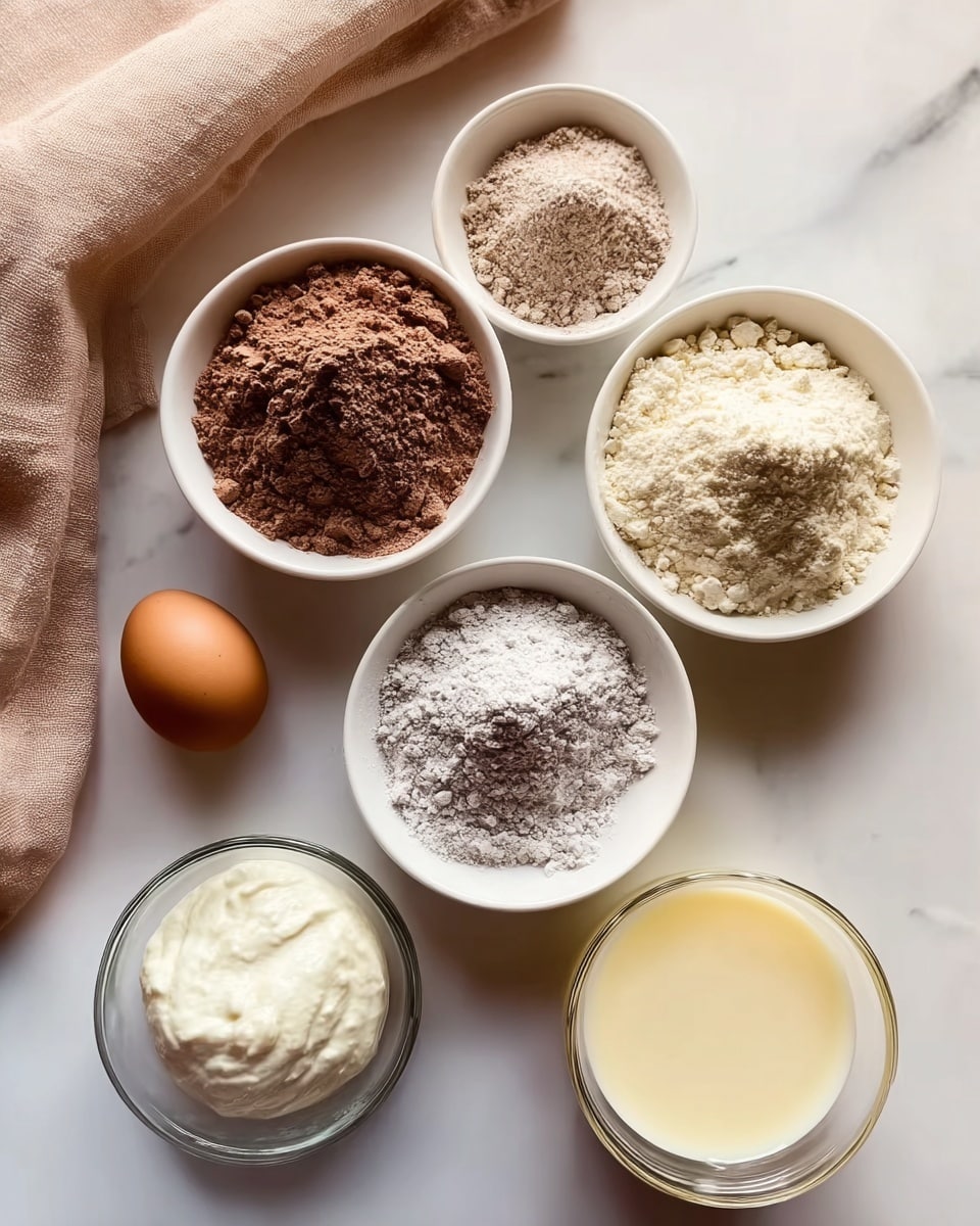 The image shows six separate ingredients arranged neatly on a white marbled surface with a soft beige cloth in the upper left corner. There are three white bowls placed close to each other: one with fine brown powder, another with light beige powder, and the third with a light grayish powder that looks crumbly. Below these, there is a small clear glass bowl filled with a white creamy substance. Next to that, on the left, lies a single brown egg with a smooth shell. On the right side, there is a small glass filled with a creamy pale yellow liquid. The overall lighting is soft and natural, giving a clear view of each ingredient's color and texture. Photo taken with an iphone --ar 4:5 --v 7