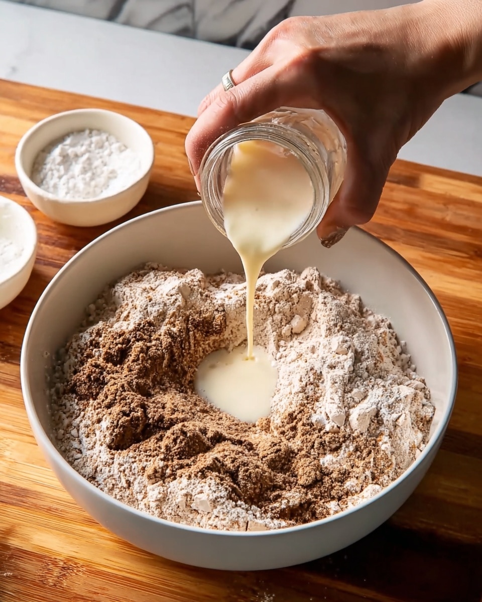 A white bowl filled with two layers of powder: the bottom layer is light brown and dry, and the top layer is darker brown and clumpy. A woman's hand pours a light cream liquid from a small glass jar into the center of the bowl, creating a small pool in the middle. The bowl sits on a wooden surface, and there are two white small bowls nearby, one partially visible with some white powder inside. The background has a white marbled texture. photo taken with an iphone --ar 4:5 --v 7