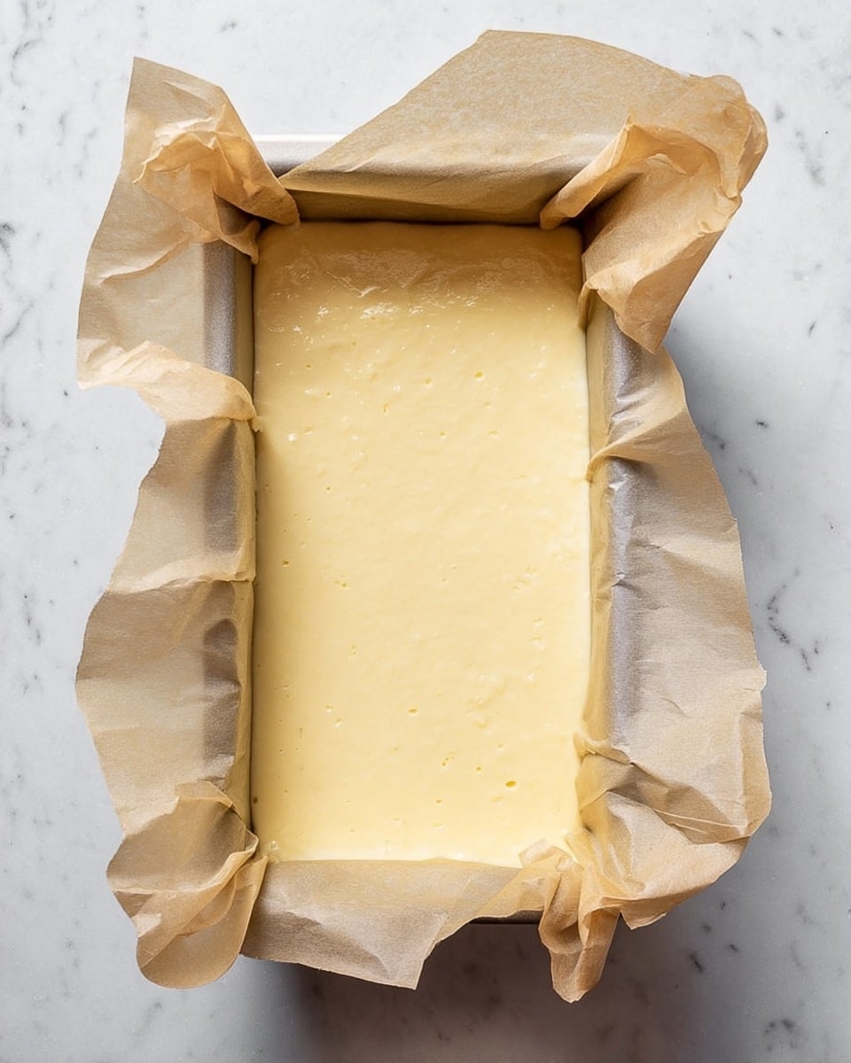 A rectangular baking pan lined with crumpled beige parchment paper holds a single smooth, pale yellow batter layer evenly spread inside. The paper edges rise above the batter and fold over the pan, creating soft, irregular shapes around its border. The batter surface looks thick and creamy with a few small bubbles visible. The pan is positioned on a white marbled surface. photo taken with an iphone --ar 4:5 --v 7