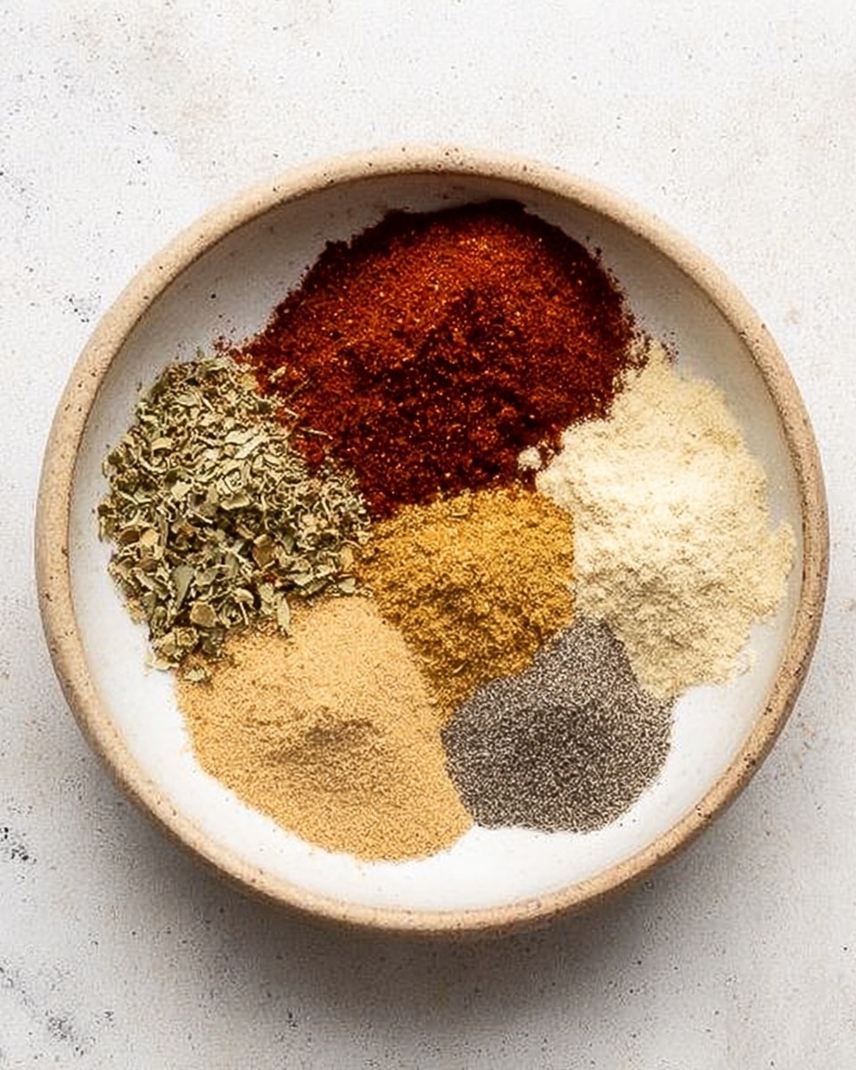 A round white bowl holds five piles of different spices arranged side by side, filling most of the bowl. The first pile is dark red with a fine texture, the second is a mix of green dried herbs with small leaves, the third is pale yellow and finely powdered, the fourth mound is a light brown powder with a slightly coarse texture, and the fifth is dark gray with a fine grainy look. The bowl is set on a white marbled surface. Photo taken with an iphone --ar 4:5 --v 7
