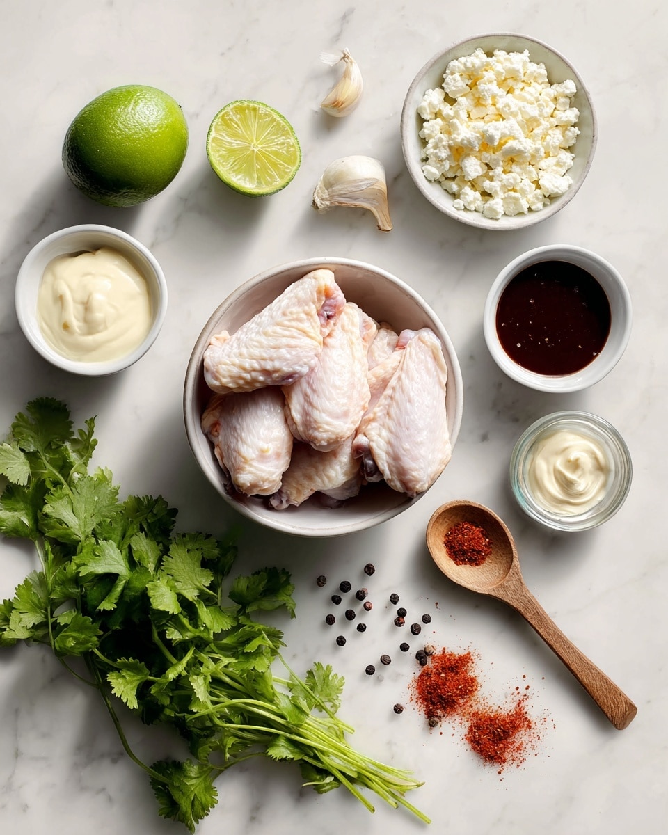 The image shows raw chicken wings placed in a small white bowl at the center. Around the bowl are various ingredients: a halved lime with bright green flesh on the top left, a small white bowl with creamy mayonnaise just below the lime, and next to the chicken wings is another small white bowl containing a smooth crema. On the top right of the wings, there is crumbled white cotija cheese and a small container with dark red chipotle sauce. Two garlic cloves rest beside the chipotle, and a wooden spoon with a reddish powder of paprika lies nearby with some paprika spilled around it. Below these ingredients is a bunch of fresh green cilantro with its leaves and stems spread out, and near it, a few whole black peppercorns are scattered on the white marbled surface. The setup is clean and bright, highlighting each element clearly. Photo taken with an iphone --ar 4:5 --v 7