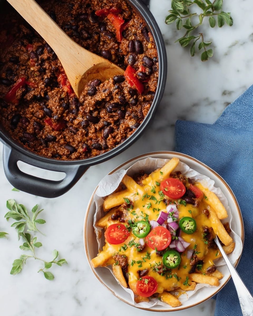 The image shows two main parts: on the top, a black pot filled with thick chili made of ground meat, black beans, and red bell peppers, with a wooden spoon resting inside; below is a white bowl lined with white paper holding French fries covered in melted yellow cheese sauce, topped with spoonfuls of the chili, halved bright red cherry tomatoes, sliced green jalapeño peppers, small pieces of chopped red onion, and fresh green herbs sprinkled all over. The background is a white marbled surface with a blue cloth napkin to the right and some green leaves to the left. Photo taken with an iphone --ar 4:5 --v 7