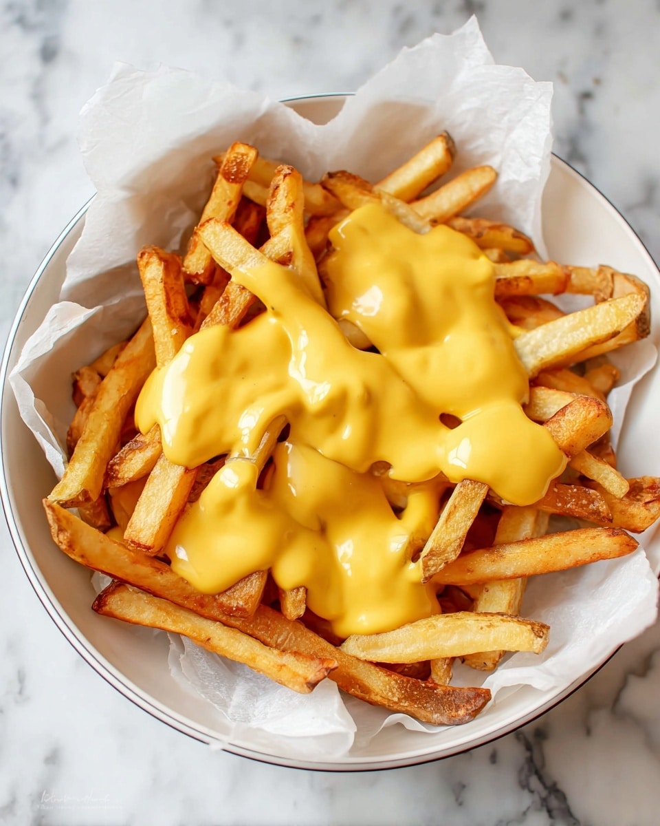 A shallow white bowl holds a single layer of golden, crispy French fries with slightly browned edges. Scattered unevenly over the fries are dollops of bright yellow, smooth melted cheese sauce that pools slightly, contrasting with the fries' texture. The bowl is lined with white parchment paper, and the scene sits on a white marbled surface. The photo is taken from above, showing the full bowl and some surrounding space. photo taken with an iphone --ar 4:5 --v 7