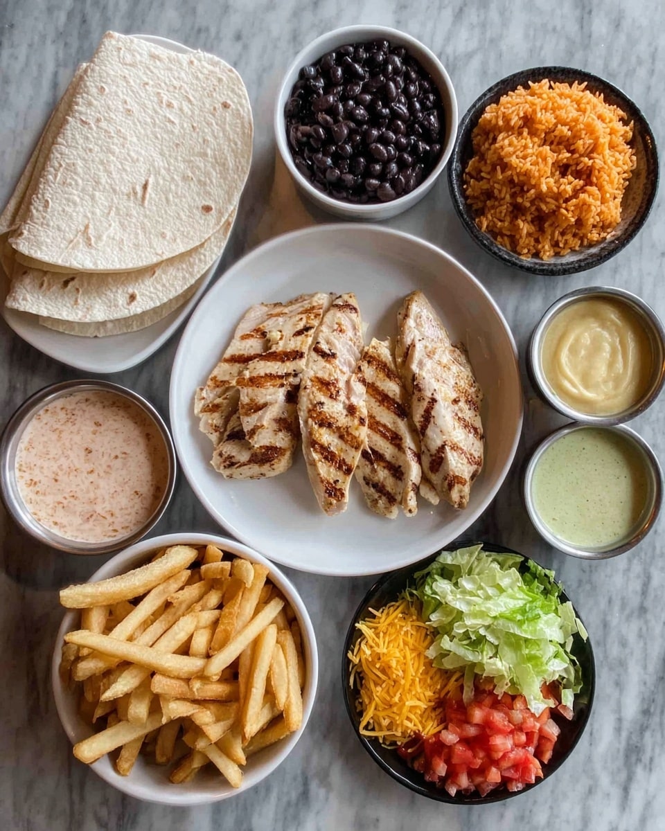 The image shows a meal with two pieces of grilled chicken placed in the center of a white plate, with light grill marks on the light brown meat. To the top left of the chicken plate, there are two folded white tortillas with a soft texture. Surrounding the chicken plate are several small white bowls and one black plate: a bowl of black beans with a glossy texture at the top center, a bowl of orange-red seasoned rice with visible small bits of red pepper to the right of the beans, and a metal bowl of creamy light green sauce to the far right. Below the chicken plate is a bowl of golden brown, thick-cut fries, and next to it on the left side is a metal bowl with a pinkish creamy sauce with small herb flakes. To the right side, a black plate holds three colorful piles—bright red diced tomatoes, light green shredded lettuce, and finely shredded orange cheddar cheese—all placed on a white marbled surface. photo taken with an iphone --ar 4:5 --v 7