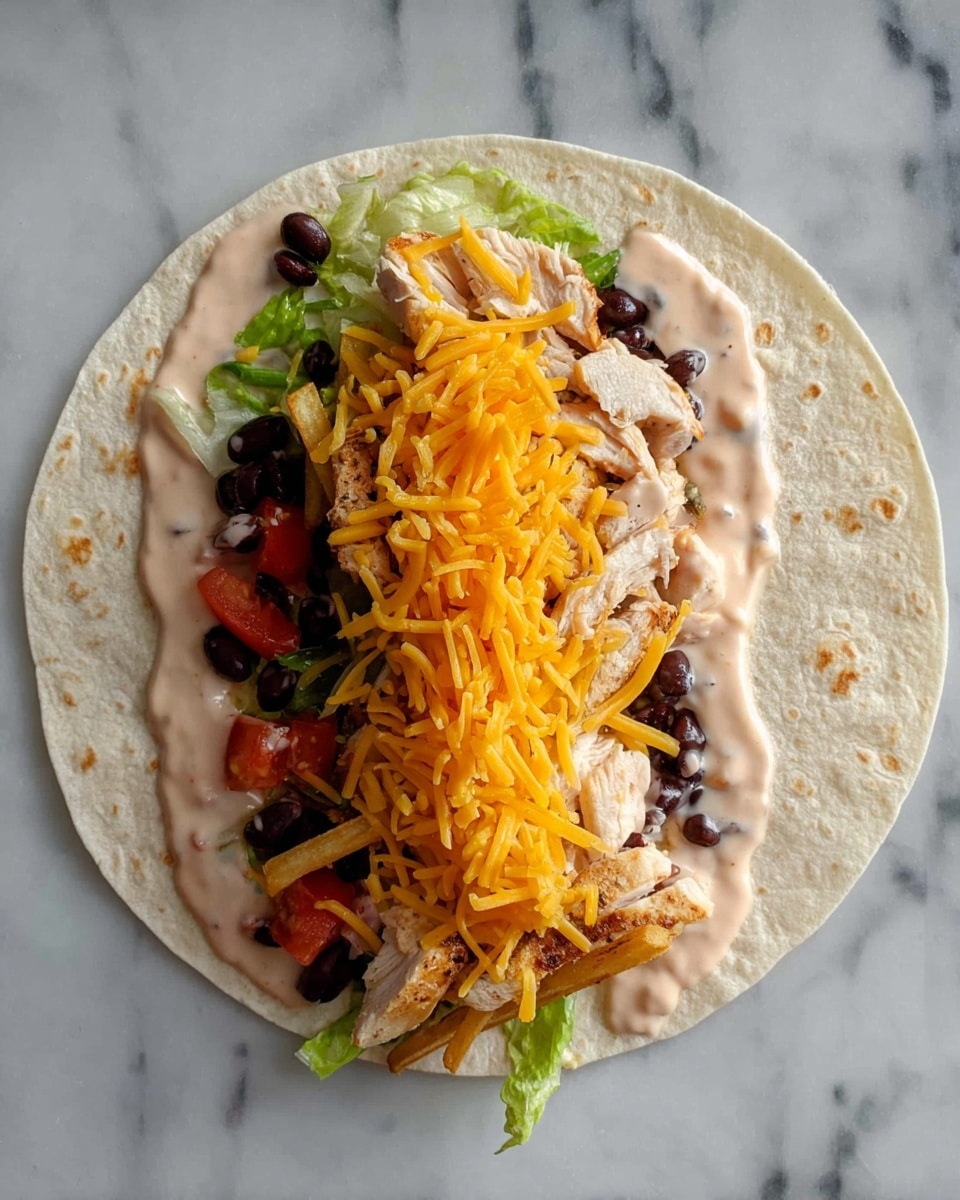 The image shows an open soft tortilla on a white marbled surface. The first layer on the tortilla is a spread of creamy, light pink sauce with visible small bits in it. On top of the sauce, there is a layer of sliced grilled chicken, which is light tan with grill marks. Next, there are thin, crispy golden fries placed over the chicken. Fresh green lettuce strips and small chunks of red tomato are scattered next, adding a fresh crunch. Black beans are placed around the vegetables. Finally, the roll is topped with a generous heap of shredded bright orange cheese, covering the middle of the filling. photo taken with an iphone --ar 4:5 --v 7