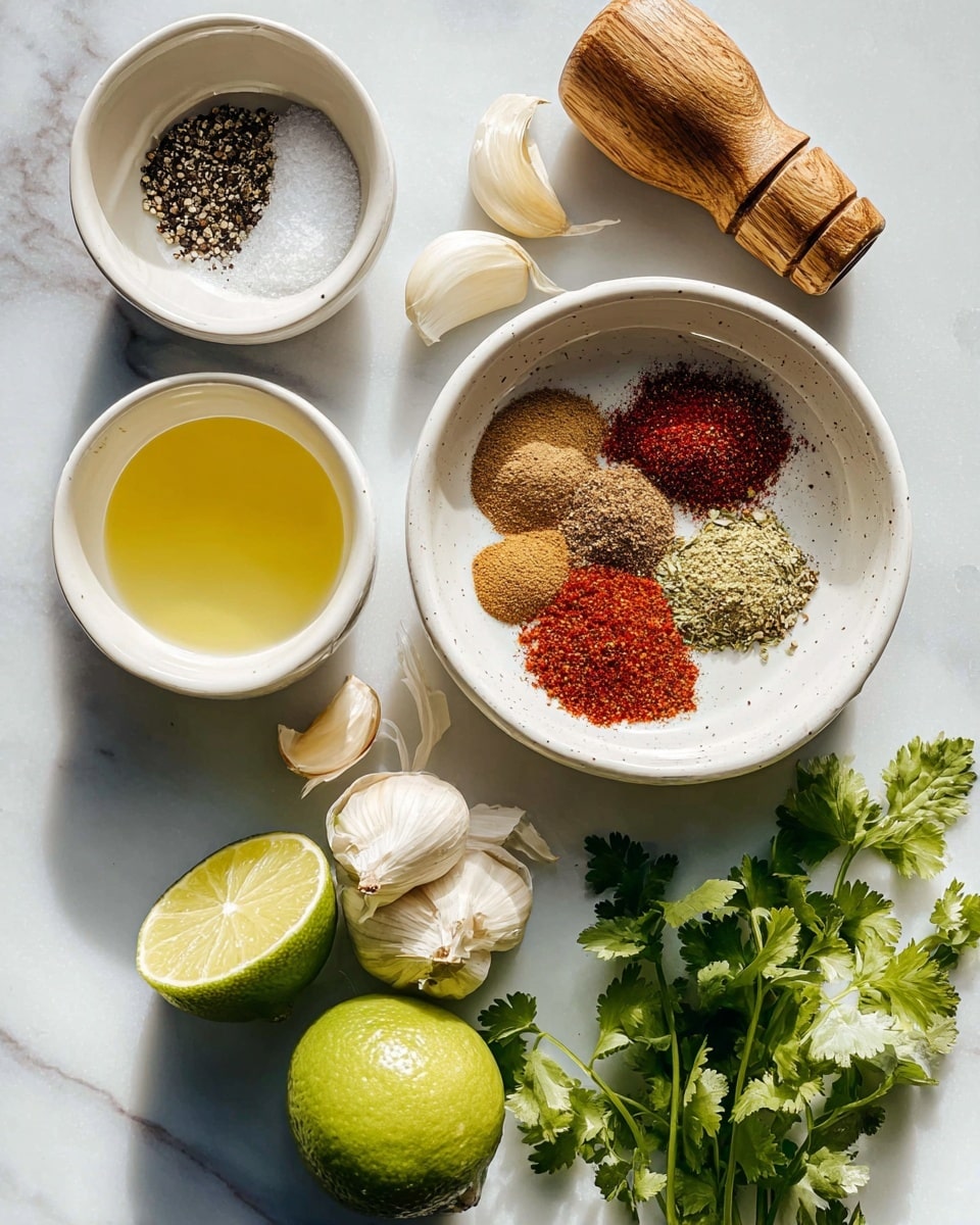 The image shows a white marbled surface with several small bowls and fresh ingredients arranged neatly. There are two small white bowls, one filled with a mix of fine salt and black pepper, and another with a light yellow liquid. A larger white bowl sits in the center holding five different spices in neat sections: brown, dark brown, red, light brown, and greenish dried herbs. Fresh lime halves and a whole lime are placed next to a wooden lime juicer on the left. Several peeled garlic cloves and fresh green cilantro sprigs are scattered on the right side. The scene is well-lit with natural light, giving a fresh and clean look. photo taken with an iphone --ar 4:5 --v 7