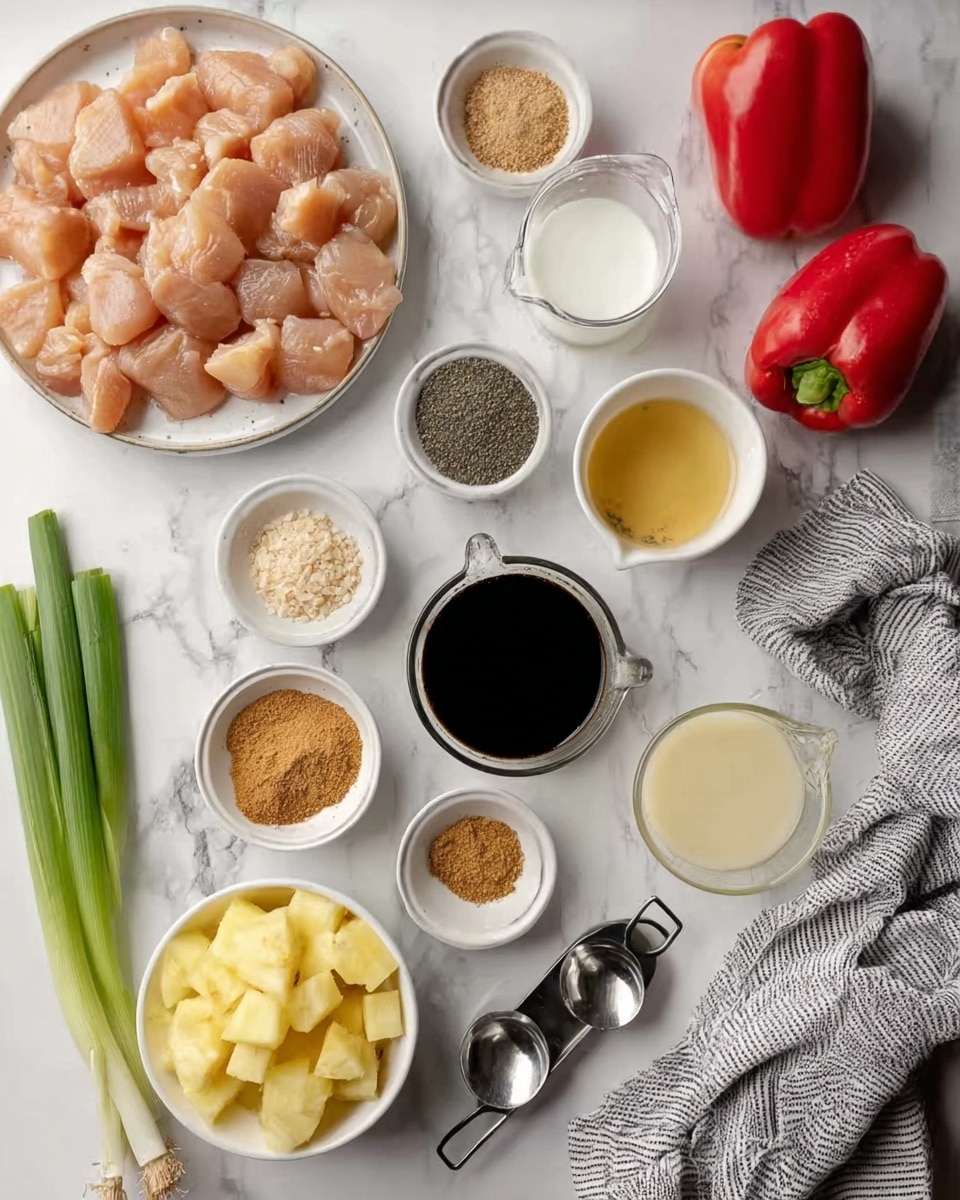 The image shows an overhead view of a white marbled surface with several small white bowls and metal measuring cups arranged neatly. In the bottom left, there is a large white plate filled with small, raw chicken pieces. Nearby, there are bowls containing diced pineapple chunks, brown sugar, white sesame seeds, ground ginger, and black pepper. There is also a measuring cup with dark soy sauce, a cup of light yellow liquid, and a cup of white coconut milk. A red bell pepper and some green scallions are placed at the top right side beside a folded gray and white striped cloth. The scene is well-lit and organized, showing fresh ingredients before cooking. photo taken with an iphone --ar 4:5 --v 7