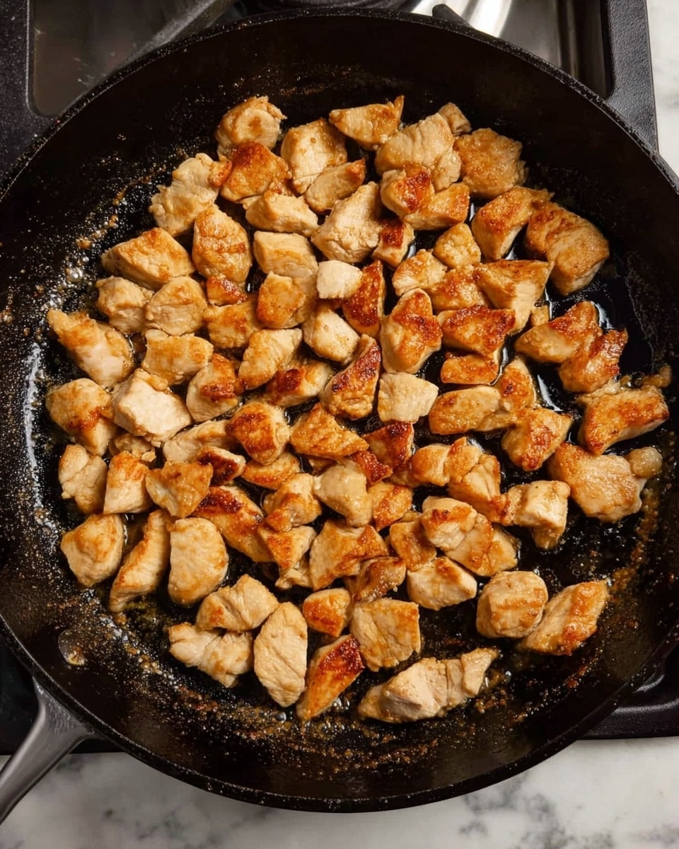 The image shows a close-up top view of a black cast iron pan filled with small, evenly browned pieces of cooked chicken. The chicken pieces are cut into bite-sized chunks, with a slightly crispy, golden-brown outer layer and tender white inside. The pan surface is shiny with cooking oil and some browned bits stuck around the edges, indicating the chicken was cooked on medium heat. The pan is placed on a stove burner with a small part of the white marbled counter visible below. photo taken with an iphone --ar 4:5 --v 7