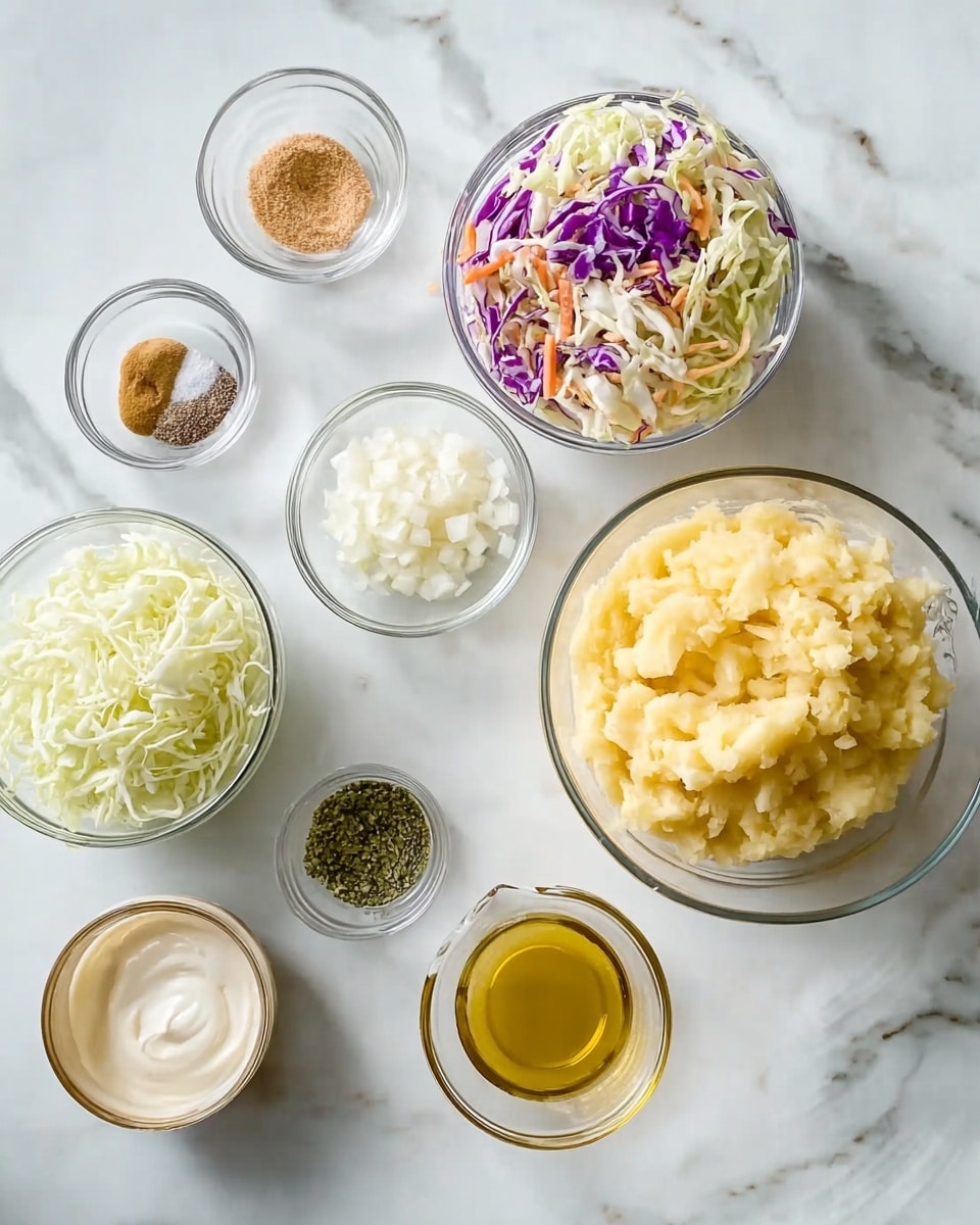 The image shows several small clear glass bowls arranged on a white marbled surface. One large bowl holds shredded cabbage mix with white, light green, purple, and orange colors. Another large bowl contains mashed yellow potatoes. A medium bowl has finely chopped white onions. Smaller bowls have various seasonings including green herbs, light brown sugar, salt and black pepper, thick white mayonnaise, and golden oil. The ingredients are neatly spaced and clearly visible, set in a top-down view photo taken with an iphone --ar 4:5 --v 7