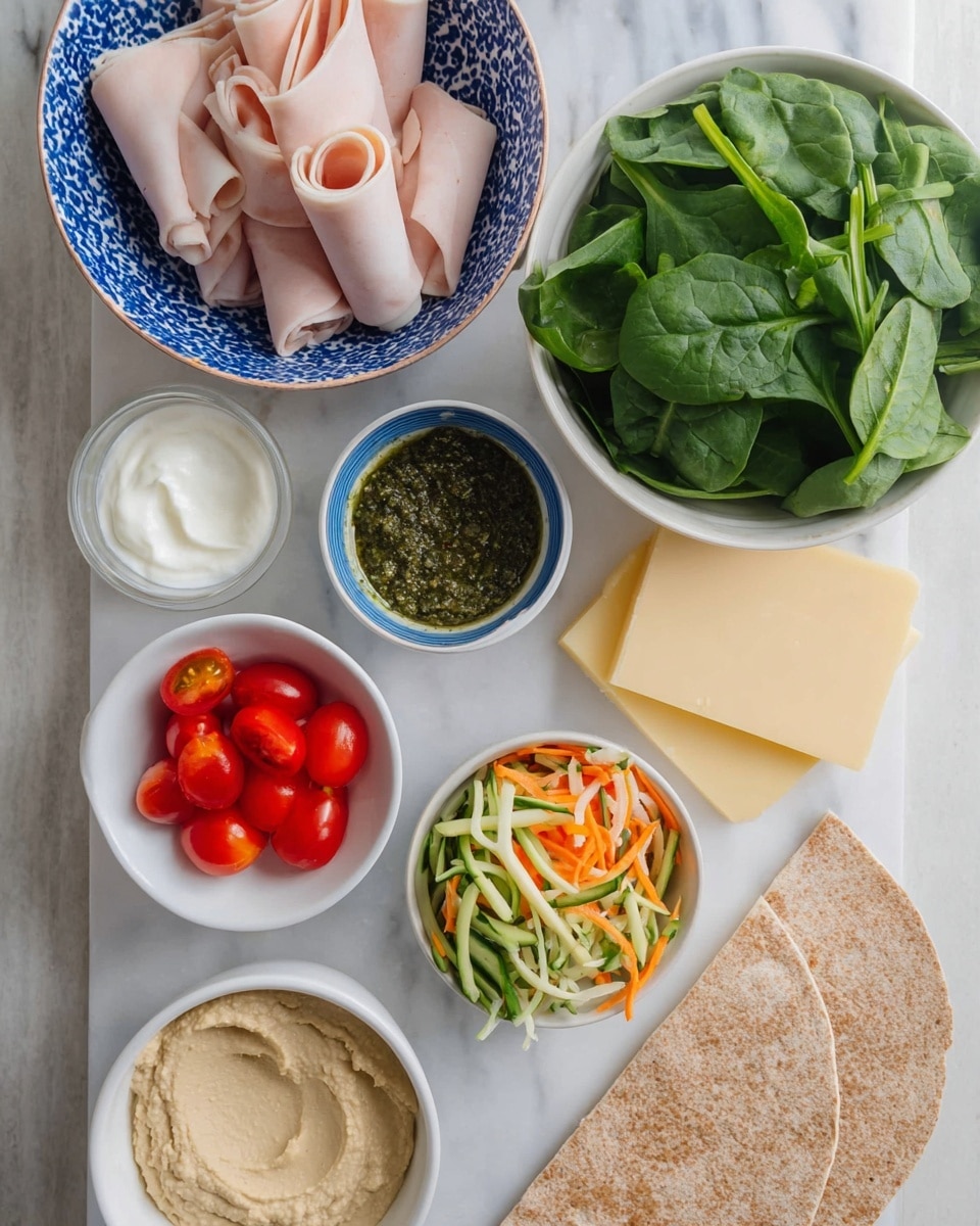 The image shows a top view of various ingredients neatly placed on a white marbled surface. There is a white bowl filled with fresh green spinach leaves at the top right, and next to it, a small white bowl with a blue rim containing a smooth white yogurt. Beside that is another small white bowl with a dark green pesto sauce. At the top left, there is a blue and white patterned bowl holding several rolled slices of light pink deli turkey. Below that is a white bowl with a thick beige hummus. To the left bottom, a white bowl holds halved bright red cherry tomatoes. In the center right, a white bowl contains shredded green and orange vegetables, likely a mix of cucumber and carrots. In the lower part of the image, two rectangular slices of pale yellow cheese lie on the surface, accompanied by two whole wheat flatbreads on the right. photo taken with an iphone --ar 4:5 --v 7