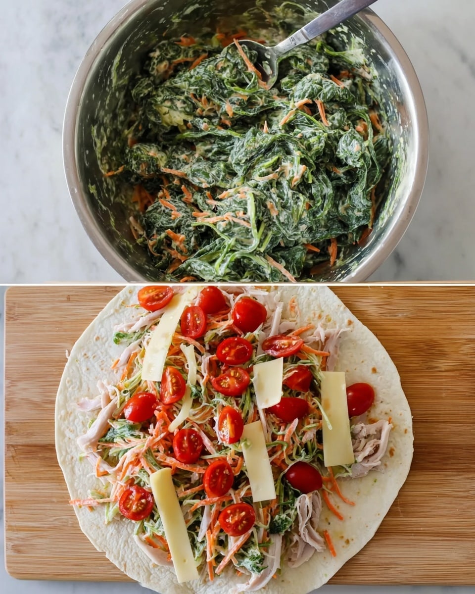 The first image shows a metal bowl with creamy green salad made of spinach, shredded carrots, and other vegetables mixed well, with a metal spoon inside the bowl. The second image features a white tortilla laid flat on a wooden board. On the tortilla, there is a layer of sliced turkey meat, followed by rectangular slices of pale yellow cheese. On top of the cheese and meat, there is a generous layer of the same creamy green salad mixed with shredded carrots as in the first image. The final top layer consists of bright red cherry tomatoes cut in halves, scattered evenly. The board sits on a white marbled surface. Photo taken with an iphone --ar 4:5 --v 7