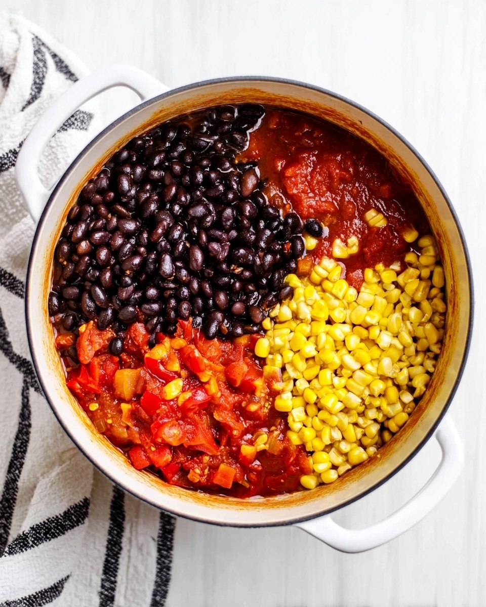 A white pot shows three layers inside: one part with shiny black beans, another part with bright yellow corn kernels, and the last part with chunky red tomato sauce mixed with small red peppers. The beans look smooth and glossy, the corn is plump and shiny, and the tomato sauce is thick with some liquid around it. The pot sits on a white marbled surface with a white cloth that has black stripes on the left side. Photo taken with an iphone --ar 4:5 --v 7
