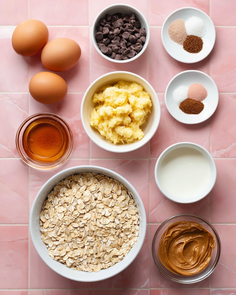 The image shows several small white bowls and one larger white bowl arranged on a pink tiled surface with a white marbled texture. The largest bowl at the bottom center is filled with light brown rolled oats. To the right of it is a small white bowl with dark brown chocolate chips. Above that is a white bowl filled with mashed yellow bananas. To the top right, a small white dish holds three powdered spices in small piles: white, light pink, and dark brown. At the top left, two brown eggs are placed side by side. Below the eggs, there is a small white bowl with amber-colored syrup, next to it a small white bowl with light brown creamy peanut butter. In the center, a glass bowl contains white creamy liquid, and at the bottom right, a small white bowl holds a little bit of brown liquid. The layout is neat and bright. photo taken with an iphone --ar 4:5 --v 7