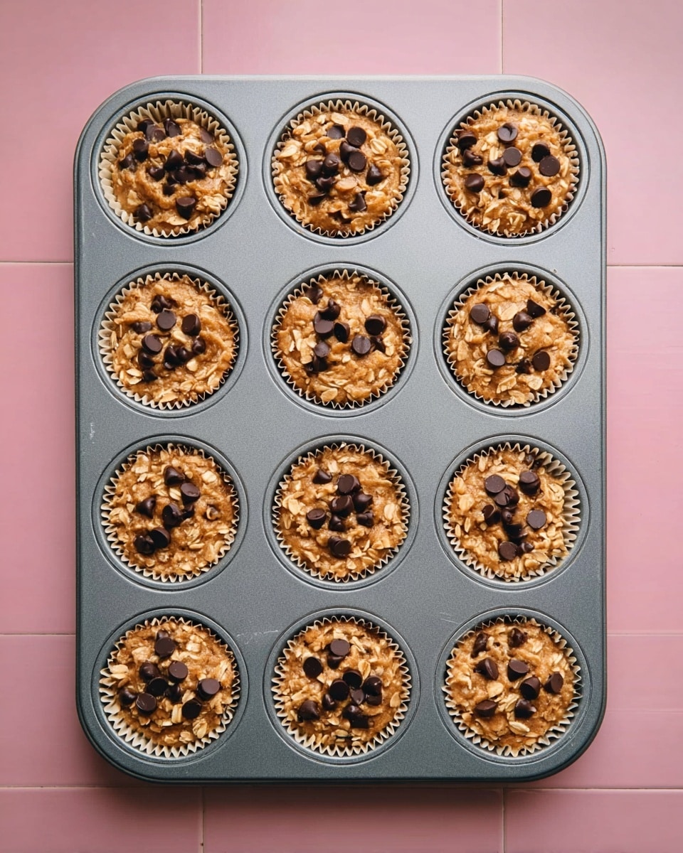 A gray muffin tray holds twelve paper cupcake liners filled with a mixture of light brown batter with visible oat flakes, and each one is topped with dark chocolate chips scattered evenly on top. The tray sits on a pink tiled surface. The texture of the batter looks thick and chunky, with oats clearly visible inside each cupcake liner. Photo taken with an iphone --ar 4:5 --v 7