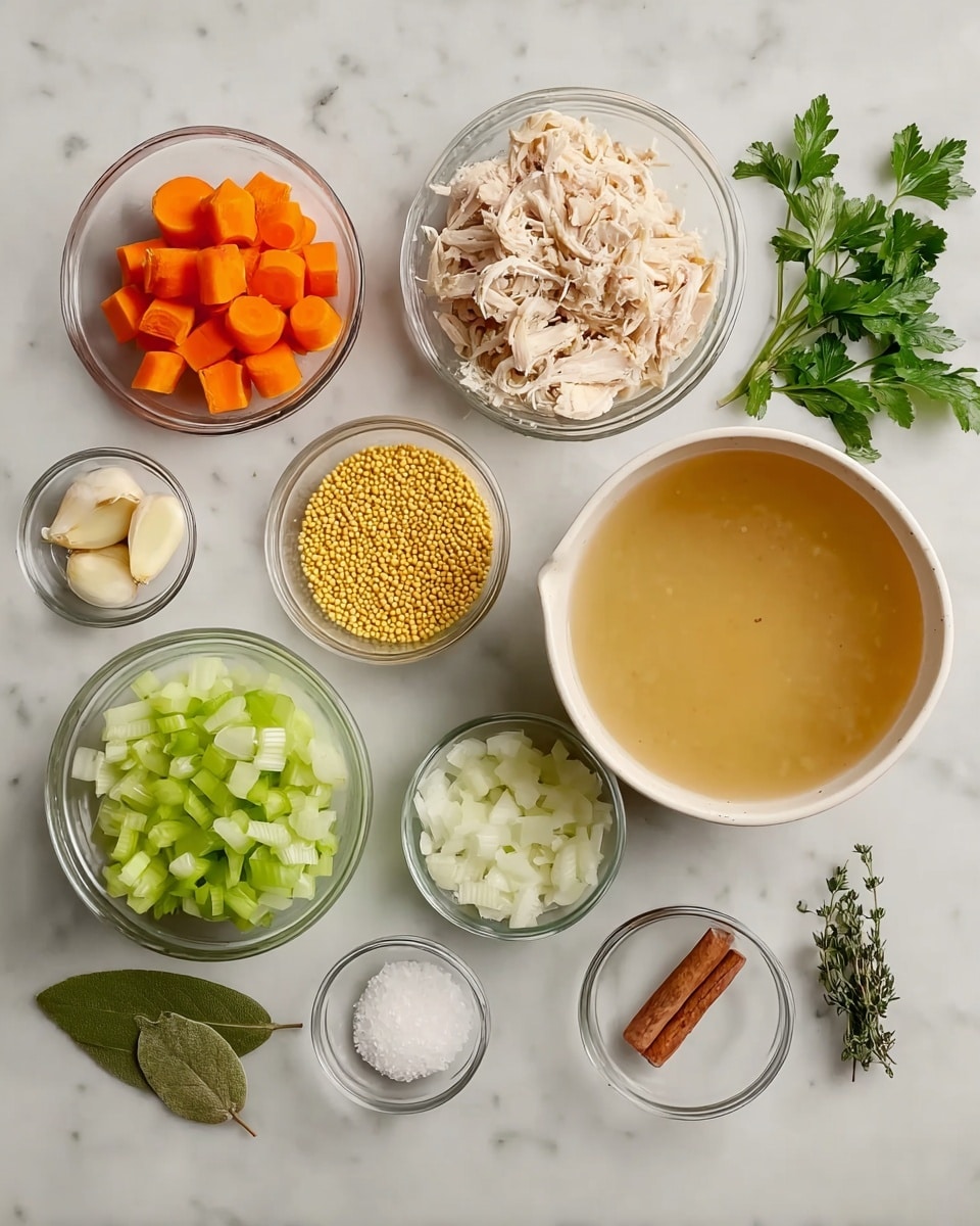 This image shows a white marbled surface with several clear glass bowls arranged neatly. Starting from the top left, there is one small bowl with fresh orange carrot chunks, a tiny bowl with peeled garlic cloves, and a larger bowl filled with shredded cooked chicken. Below them, another small bowl contains golden round grains, likely millet or couscous, and next to it, another one holds chopped green celery. There is a medium bowl with chopped white onions placed just below the chicken, and a large white bowl filled with light brown broth on the right side. Other small clear bowls contain a cinnamon stick, a pinch of salt, and pale yellow grated cheese. Fresh parsley and two sprigs of thyme add a touch of green on the right side. A single green bay leaf rests on the left. The layout is clean and organized, with the colors bright and natural. photo taken with an iphone --ar 4:5 --v 7