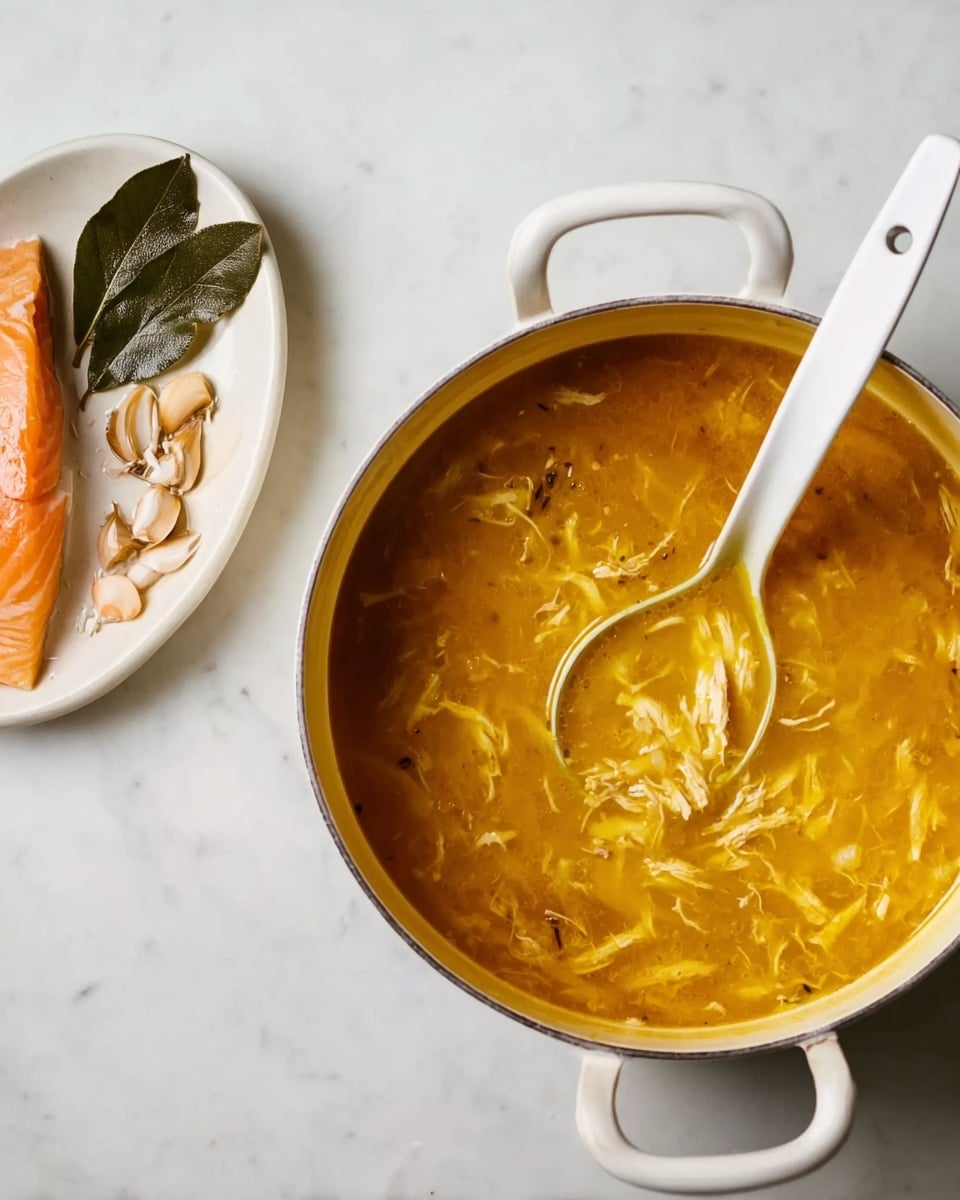 A white saucepan filled with a thick, golden-yellow soup with visible shredded pieces of chicken mixed evenly throughout, a white ladle resting inside the pot. To the left of the saucepan, on a small white oval dish, there is a piece of salmon, a large bay leaf, some dried herbs, and thin slices of garlic arranged neatly. The background is a white marbled surface. Photo taken with an iphone --ar 4:5 --v 7