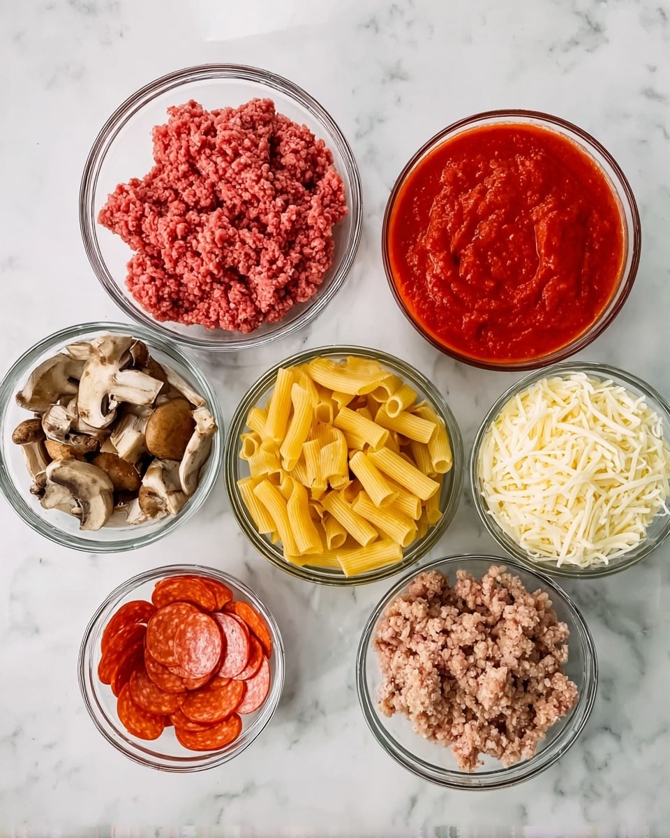 Seven clear glass bowls are arranged on a white marbled surface, each holding different ingredients. The top left bowl contains raw ground beef in a pinkish-red color with a slightly coarse texture. To its right is a bowl filled with shredded white cheese, soft and fluffy in appearance. Next to the cheese is a larger bowl of bright red tomato sauce with a thick, smooth texture. Below the ground beef is a smaller bowl with sautéed brown mushrooms, lightly browned and tender looking. In the center is a bowl of uncooked yellow tube pasta, smooth and cylindrical. On the lower left is a bowl with thin, round slices of reddish-orange pepperoni. On the lower right is a bowl of crumbled sausage meat, pale brown with a coarse texture. photo taken with an iphone --ar 4:5 --v 7