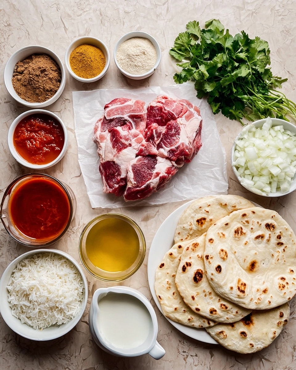 The image shows a flat lay of fresh raw meat with white fat marbling in the center on white parchment paper, surrounded by small white bowls and cups containing different spices and ingredients. Starting from the top left, there are four small white bowls with brown, yellow, and beige powdered spices, followed by a bunch of green cilantro leaves. Below, a white bowl holds chopped white onions, and next to it, a white jug contains red tomato sauce. A clear glass cup of golden broth sits beside the meat, with a small white bowl of minced garlic below. On the top right side, white bowls hold salt, thick white yogurt, fluffy white cooked rice, and a white plate full of round, light tan flatbreads with toasted brown spots. All items are placed on a surface with a white marbled texture. photo taken with an iphone --ar 4:5 --v 7