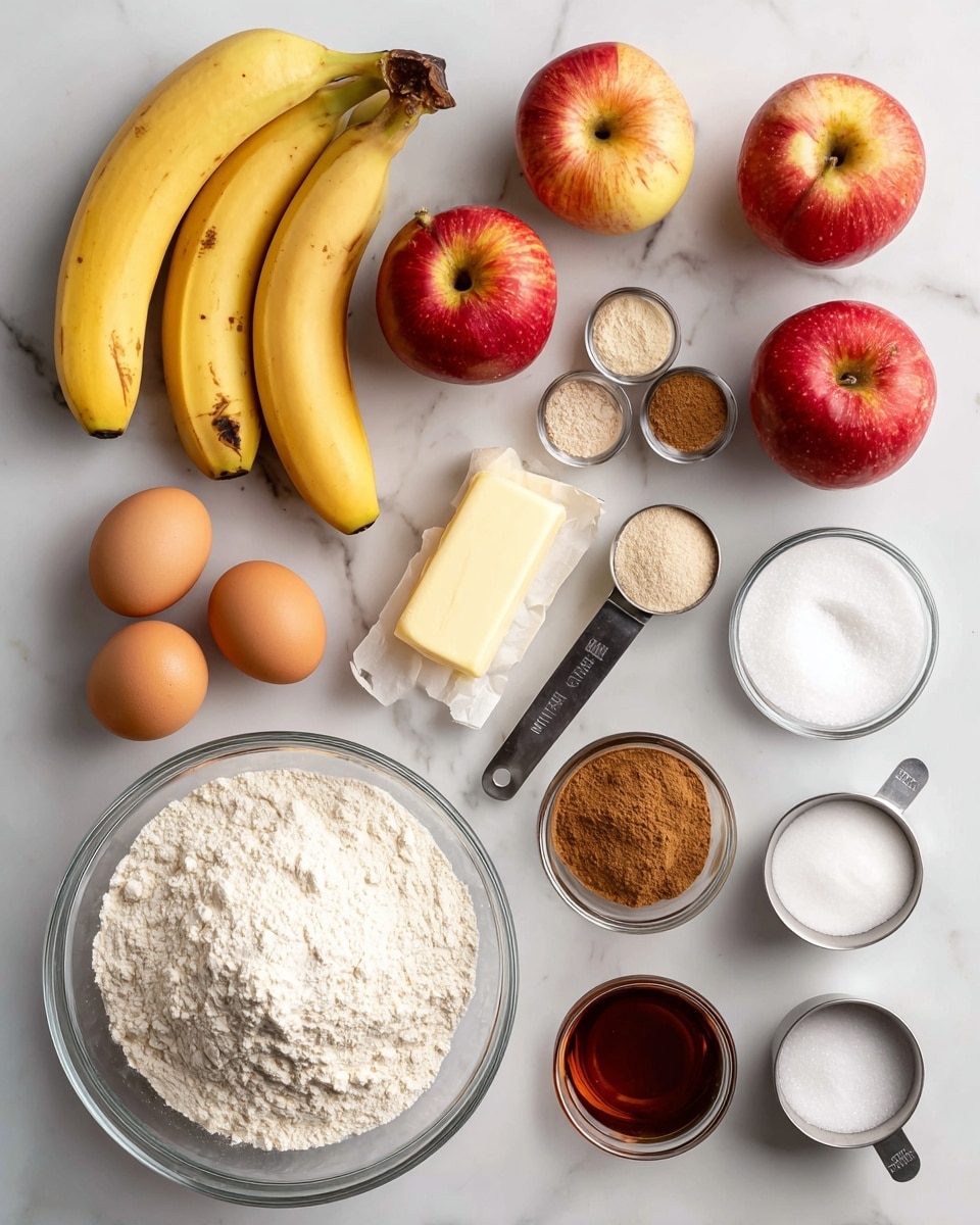 The image shows a flat lay arrangement of baking ingredients on a white marbled surface. There are three red and yellow apples at the top right, two yellow bananas with brown spots at the bottom left, and two brown eggs placed near the center bottom. A clear glass bowl filled with white flour is near the bottom center, with a stick of butter wrapped in paper to its right. Above the flour are small metal measuring spoons filled with brown sugar, white baking powder/soda, and brown nutmeg powder. To the top right of the apples is a small glass bowl of white salt, a small container of vanilla extract below it, and a metal measuring cup with white sugar near the bottom right of the image. The ingredients are neatly spaced and labeled clearly. Photo taken with an iphone --ar 4:5 --v 7