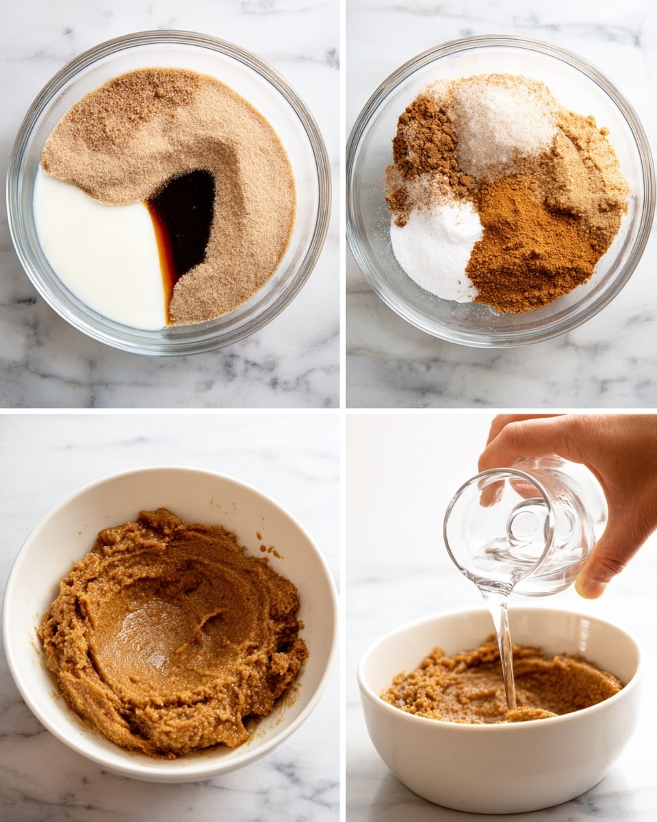 The image shows four stages of preparing a brown sugar spice dish on a white marbled surface. In the top left, a clear glass bowl contains a mix of light brown powder, white creamy liquid, and a dark brown syrup in the center. The top right shows another glass bowl with a heap of soft brown sugar, light brown powder, and a dollop of darker brown spice on top. The bottom left shows a white bowl filled with a thick light brown batter being sprinkled with brown sugar by a woman's hand coming from the top left. The bottom right displays a white bowl filled with a dense layer of brown sugar being moistened by water poured from a clear glass tilted above. Photo taken with an iphone --ar 4:5 --v 7