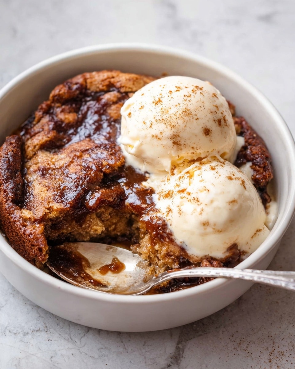 In a white bowl on a white marbled surface, there is a warm, textured dessert with a dark brown, slightly crispy top layer that looks soft and moist inside. Two large scoops of pale vanilla ice cream sit on one side of the dessert, with a light dusting of brown spice powder on top. A silver spoon rests on the dessert, lifting a chunk that shows the rich, gooey middle mixed with the darker, caramelized top. Photo taken with an iphone --ar 4:5 --v 7