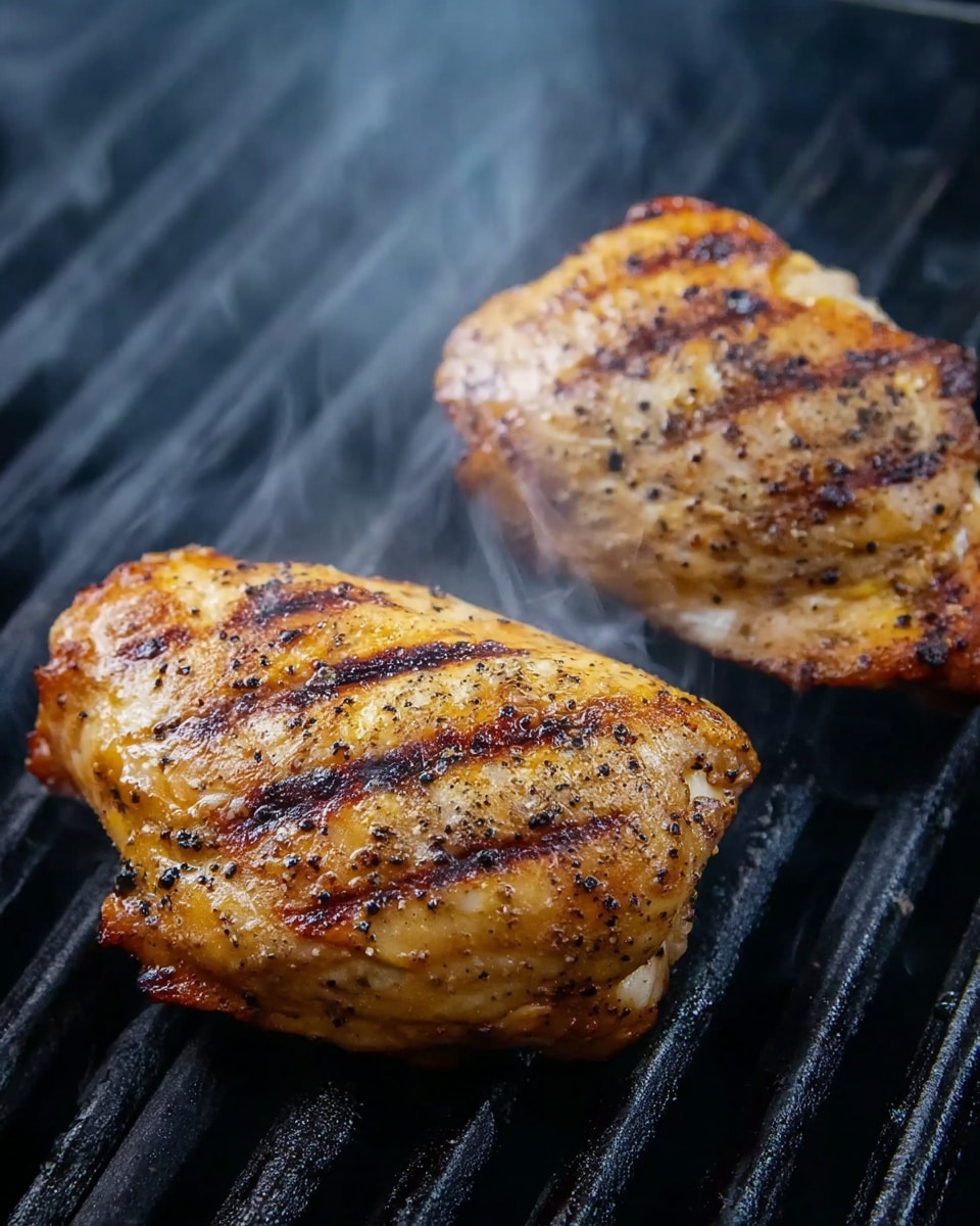 Two pieces of golden brown grilled chicken are shown on a black metal grill with clear grill marks creating dark stripes across the surface of the meat. The chicken skins have a slightly rough texture with visible black pepper and seasoning sprinkled evenly. Soft smoke rises around the chicken, adding a sense of heat and cooking in progress. The background features a white marbled texture. Photo taken with an iphone --ar 4:5 --v 7