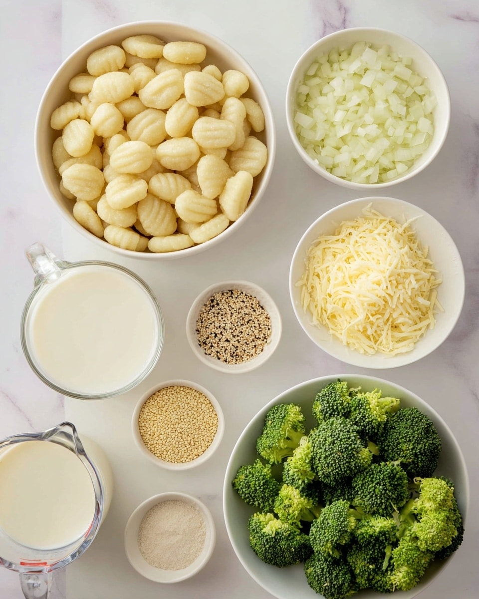 The image shows several white bowls on a white marbled surface, each filled with different ingredients arranged neatly. The largest bowl at the top left is filled with uncooked gnocchi, cream-colored and oval-shaped with ridges. To the top right, a medium white bowl contains finely chopped white onions. Below that, another medium white bowl is filled with pale yellow grated cheese. At the bottom right, a shallow white bowl holds fresh green broccoli florets. On the left side, from top to bottom, there are small white bowls containing grainy mustard seeds, white flaky salt, and light beige garlic powder, followed by a larger white bowl filled with smooth cream. Lastly, there is a clear glass measuring cup with milk on the bottom left. The overall setup is clean, simple, and organized to show all the ingredients clearly. photo taken with an iphone --ar 4:5 --v 7