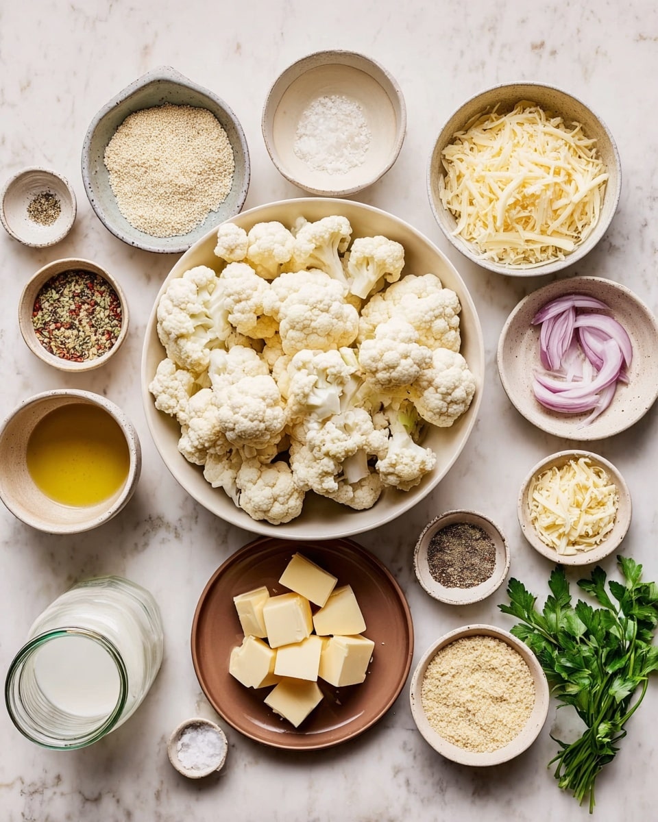 A large white bowl in the center is full of fresh white cauliflower florets. Surrounding it are small white bowls and dishes holding various ingredients: pale yellow grated cheese in a white bowl at the top right, a small pot of golden oil in front of it, and a brown plate with cubed light yellow butter next to fresh green parsley on the right side. Thin pale purple onion rings rest in a small creamy yellow bowl near the bottom right. Small dishes hold finely minced garlic, white flour, light beige panko crumbs, and pale yellow chickpea flour spread around the bowl. Additional small bowls contain coarse black pepper, white salt, and a tiny bit of ground spice. A clear jar with white liquid is placed near the bottom left. All items are set on a white marbled surface. photo taken with an iphone --ar 4:5 --v 7