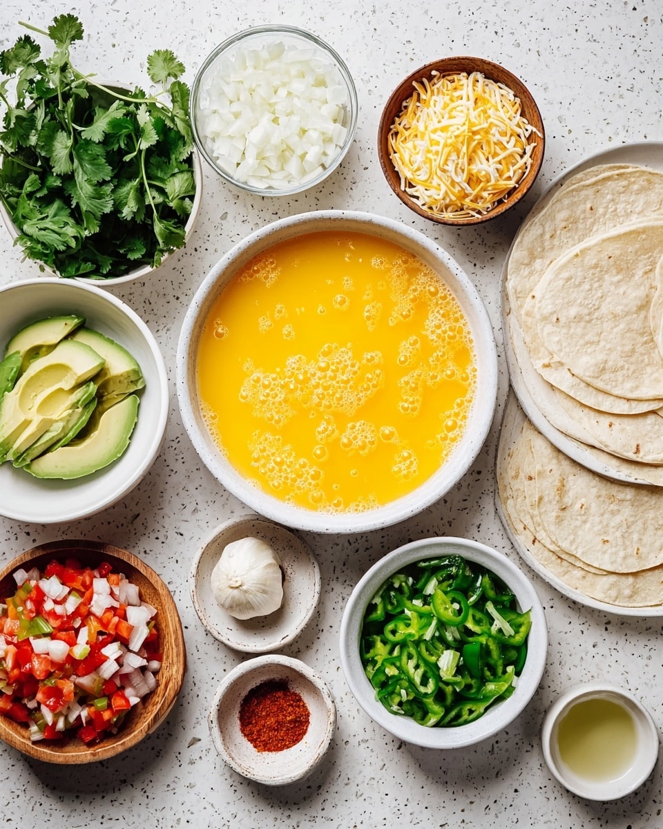 A collection of ingredients is arranged neatly on a white marbled surface, centered around a white bowl filled with bright yellow beaten eggs with bubbles on the surface. To the right, there is a white plate with strips of pale beige tortillas, a small bowl with creamy green avocado slices layered neatly, a white bowl filled with chopped green bell peppers, and a small cup of shredded light yellow cheese. Above these is a small dish of red chili powder and another small container with coarse white salt. Below the eggs, a tiny brown bowl holds minced garlic. On the left side, there is fresh green cilantro, a white bowl with crumbled white cheese, a clear cup of lime juice, a wooden bowl filled with diced white onions, and a white bowl containing red and green pico de gallo. photo taken with an iphone --ar 4:5 --v 7