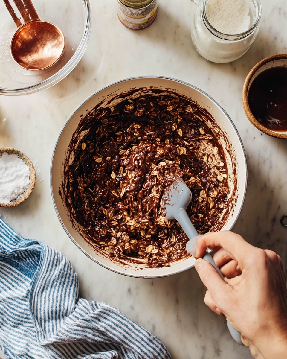 A white pot filled with a thick, chunky mixture of dark brown chocolate sauce and oats, partially mixed with a gray spatula held by a woman's hand from the bottom right; the oats are clearly visible suspended in the rich dark chocolate mixture with a slightly glossy texture. The pot is placed on a white marbled surface, with a clear glass bowl with a copper measuring cup to the top left, a striped blue and white cloth near the top center, a white jar with a metal lid on the top right, and a small brown ceramic bowl with some dark liquid on the right side visible. Photo taken with an iphone --ar 4:5 --v 7