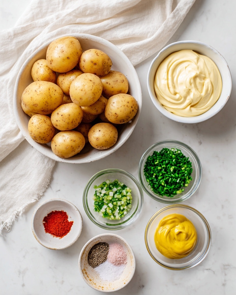 The image shows a white bowl filled with light brown baby potatoes at the top center on a white marbled surface with a white cloth on the left side. Below the bowl, there is a white bowl full of creamy, pale yellow plant-based mayonnaise. To the right of the mayonnaise are small clear glass bowls containing a grainy green pickle, bright green chopped chives, and smooth yellow mustard in a small clear bowl. At the bottom, there are three shallow bowls: one with pink salt and black pepper, another with bright red paprika. The colors are soft and natural with the white bowls and marbled surface creating a clean and fresh look. photo taken with an iphone --ar 4:5 --v 7