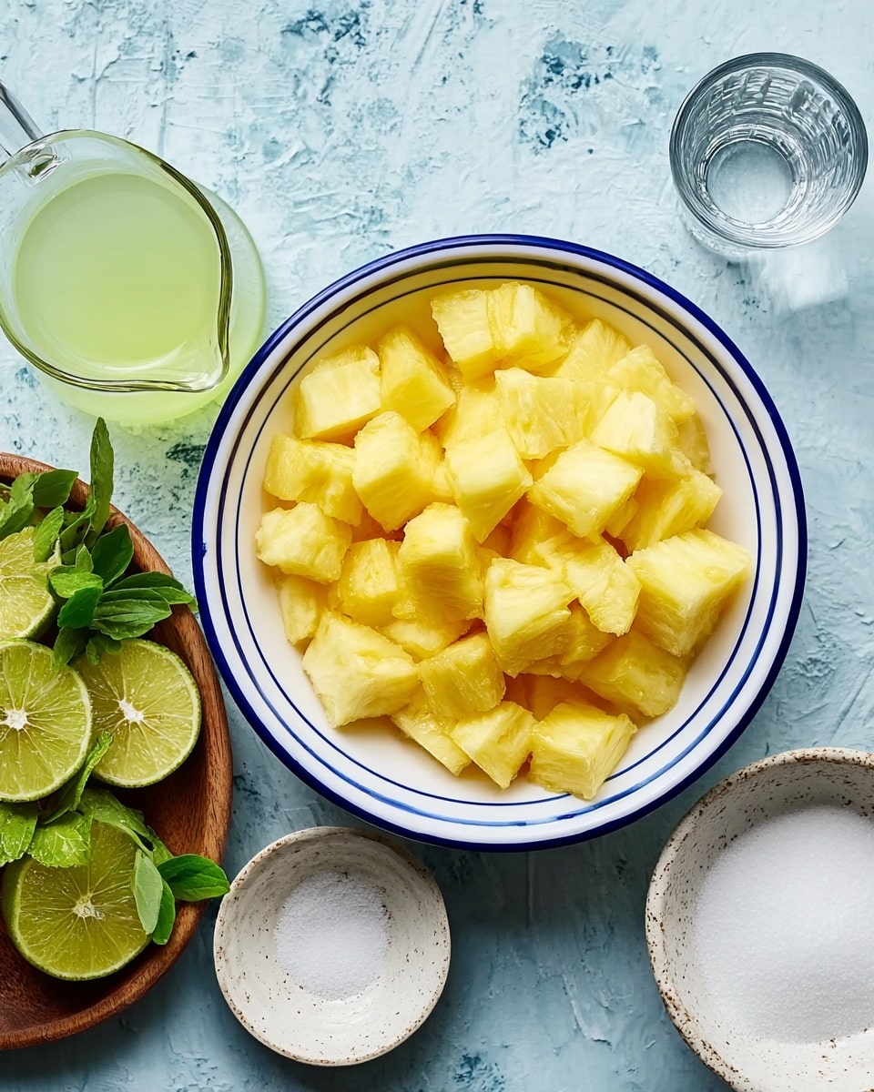 A white bowl with a blue rim is full of yellow pineapple chunks that are cut into medium-sized pieces. Around the bowl on a white marbled surface, there is a wooden bowl holding squeezed lime halves with green leaves beside them, a small glass pitcher with light green lime juice, a clear glass of water, and a small white speckled bowl filled with white granulated sugar. Photo taken with an iphone --ar 4:5 --v 7