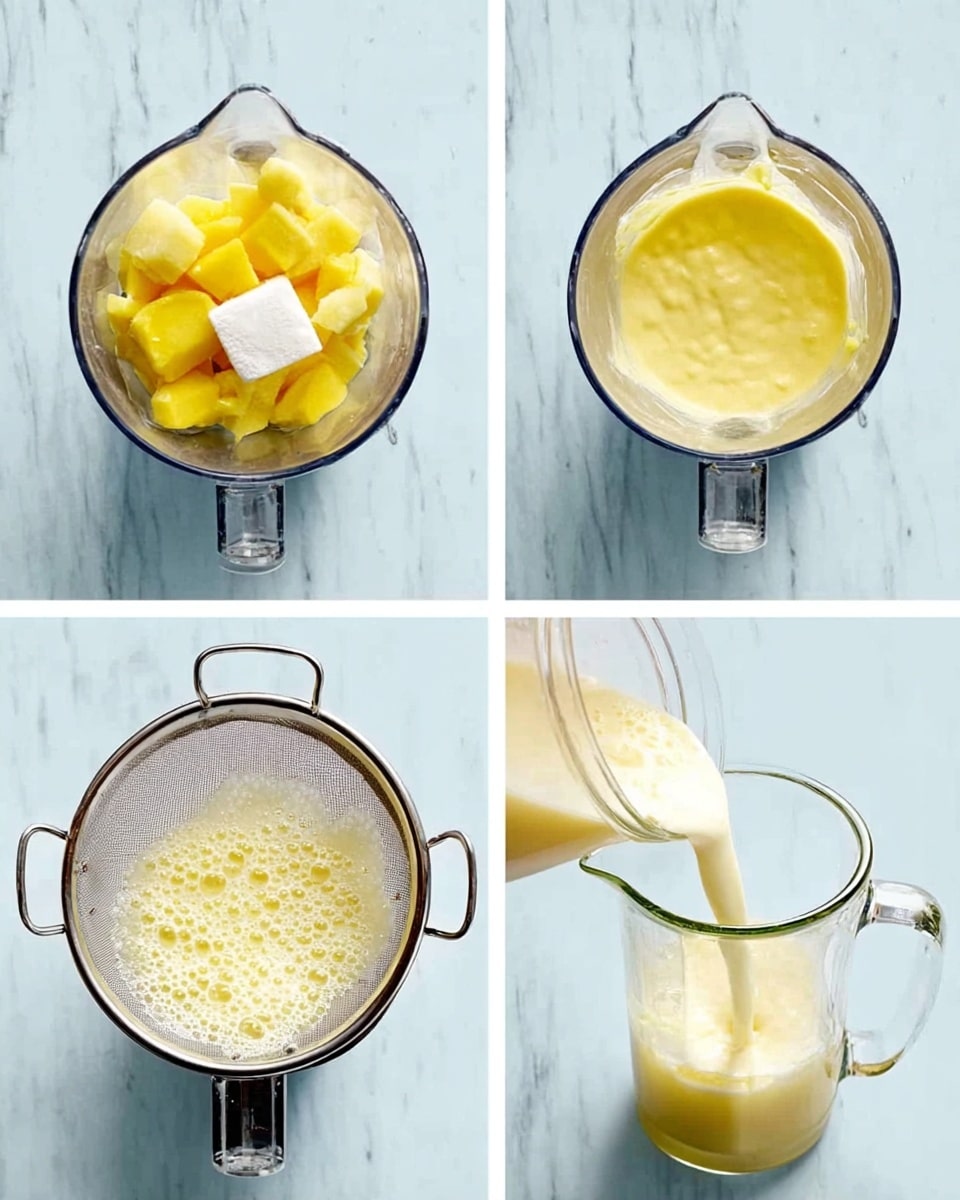 The four images show the steps of making a yellow fruit smoothie. The first image has a top view of a blender filled with large yellow pieces like mango and white sugar being added from a woman's hand on a white marbled surface. The second image shows the blender filled with a thick creamy yellow mixture, smoothed out evenly inside the blender. The third image is of the yellow mixture being poured from the blender into a metal strainer over a white marbled surface, with foam visible on top of the liquid. The last image shows a pale yellow strained juice inside a clear glass container, while a woman's hand pours milk into it, against the white marbled background. photo taken with an iphone --ar 4:5 --v 7