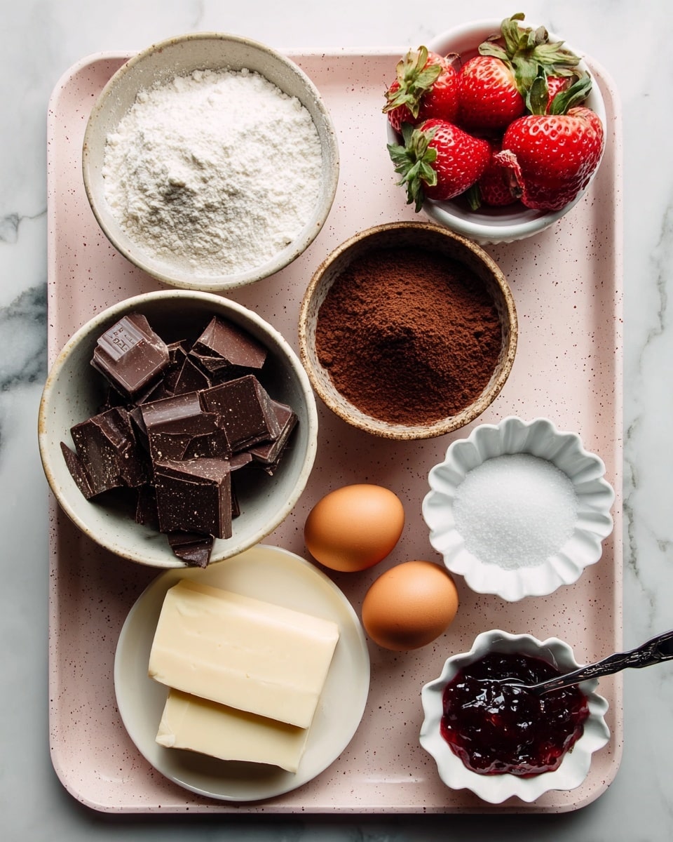 A pink speckled tray holds several small white bowls and a plate arranged neatly. The top left bowl has white flour, next to it is strawberries with bright red color and green leaves. To the right is a bowl of cocoa powder, dark brown and finely powdered. At the bottom left, a bowl contains uneven chunks of dark chocolate. Next to it, three brown eggs sit in a bowl. Below the eggs, a white plate holds two thick blocks of pale yellow butter. On the right side, a small white bowl holds white salt, and next to it is a white fluted bowl filled with dark red jam with a spoon resting inside. The whole scene is set on a white marbled surface photo taken with an iphone --ar 4:5 --v 7