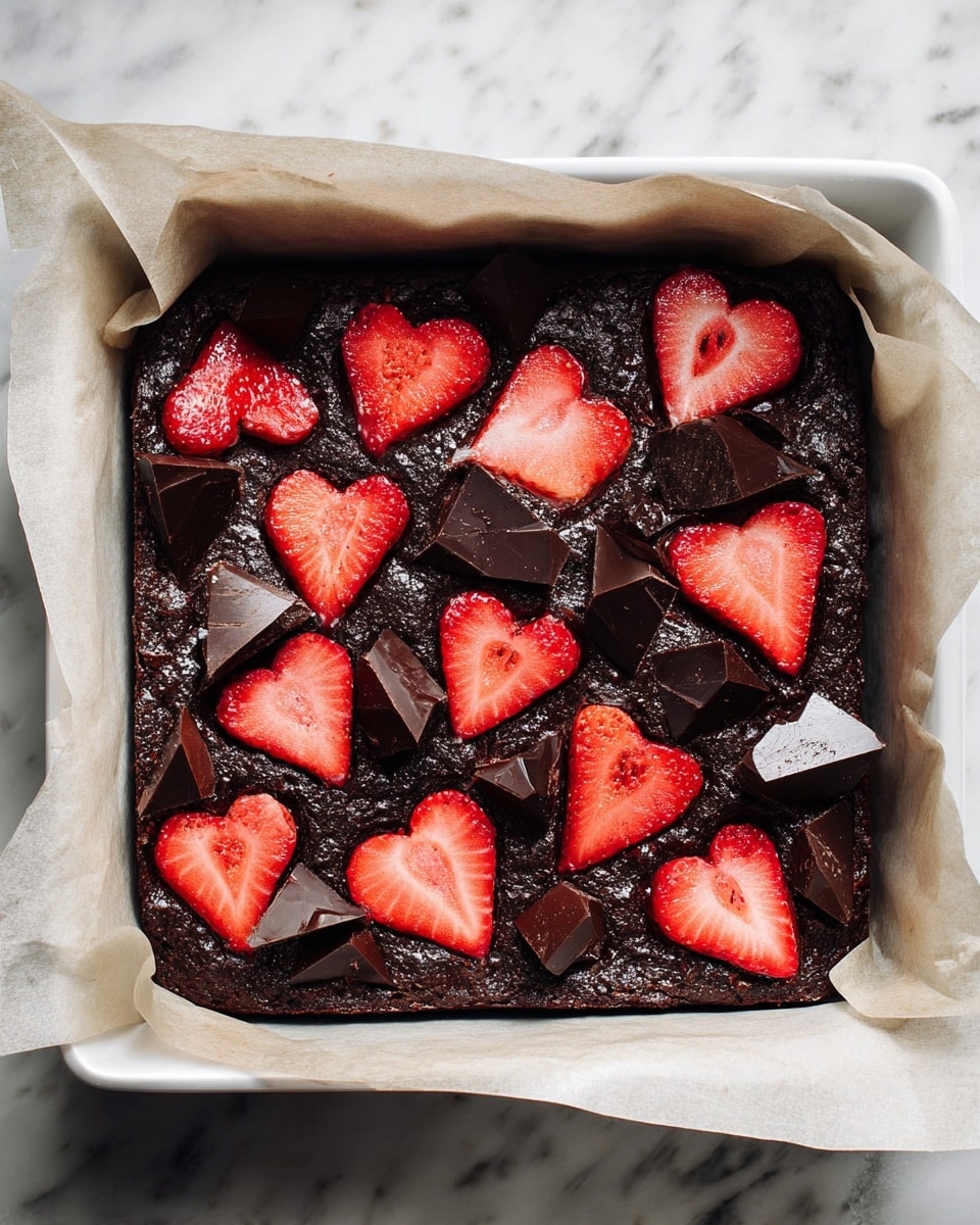 A square white baking pan lined with parchment paper holds a dark, rich chocolate brownie base that looks thick and moist. On top, bright red strawberry slices are cut into heart shapes and scattered evenly. Chunky pieces of dark chocolate are spread around the strawberries, adding texture and depth. The whole dish rests on a white marbled surface. photo taken with an iphone --ar 4:5 --v 7