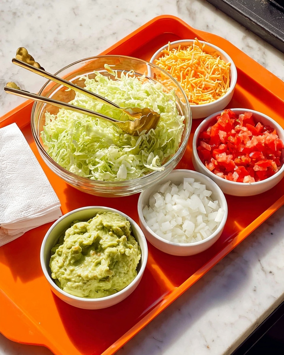 A bright orange tray holds a clear glass bowl filled with shredded light green lettuce and gold tongs resting inside, accompanied by four small white bowls arranged neatly in front. The first bowl contains creamy light green guacamole with a gold serving spoon, the second bowl is filled with bright red diced tomatoes, the third has shredded pale orange cheese, and the fourth contains finely chopped white onions. A white triangular bag, likely containing dressing or sauce, sits on the tray to the left of the bowls. The background is a white marbled texture. photo taken with an iphone --ar 4:5 --v 7