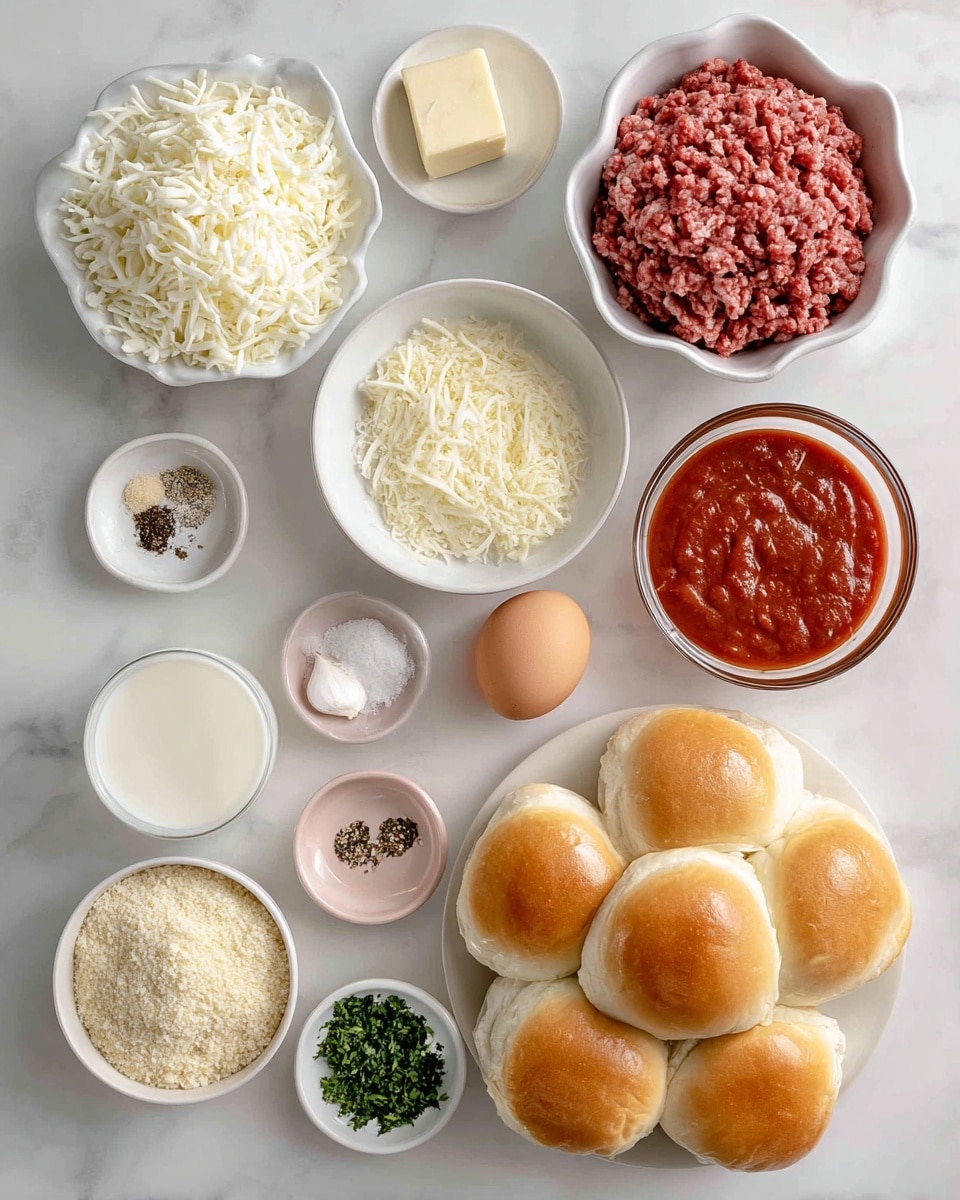 A top view of several white bowls neatly arranged on a white marbled surface, each holding different ingredients. At the top left, a scalloped white bowl is filled with shredded mozzarella cheese, creamy white in color and soft in texture. To the right, a smooth white bowl contains raw ground beef, rich red with small white fat specks. Below the mozzarella, a small white bowl holds finely grated Parmesan cheese, pale yellow and crumbly. Next to it on the right, another small white bowl has light tan panko breadcrumbs with a coarse texture. A clear round bowl near the top right is filled with smooth and thick deep red marinara sauce. Toward the bottom right, a cluster of soft, shiny Hawaiian rolls with a glossy golden-brown top is placed. Small white dishes hold various seasonings including salt and pepper, Italian seasoning (greenish-brown flakes), garlic powder (off-white), onion powder (light beige fine powder), and two small garlic cloves with a pale purple shade. A glass with white milk and a brown egg are placed near the center. A small pale pink dish contains a soft square of butter, and beside it, another pink dish with dried green parsley leaves. The whole layout is clean and well organized on the white marbled surface. Photo taken with an iphone --ar 4:5 --v 7
