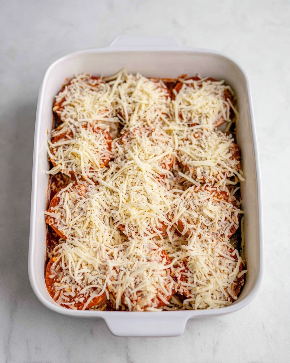 A white square baking dish filled with three layers of food, each layer made of round slices with reddish tomato sauce visible through the gaps. The top layer is covered with a thick, uneven sprinkling of pale yellow shredded cheese and fine white grated cheese. The dish is on a smooth white marbled surface, and the cheese contrasts with the reddish layers beneath. Photo taken with an iphone --ar 4:5 --v 7
