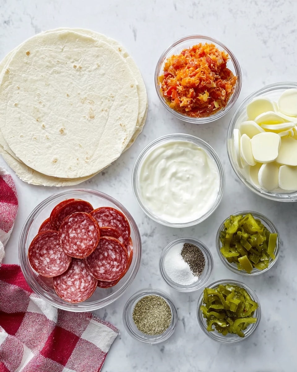 The image shows a white marbled surface with various small clear glass bowls arranged neatly. One bowl contains several slices of red salami with visible white fat spots. Another bowl holds a mound of white sour cream with a smooth texture. There is a bowl with a bright orange mixture of chopped vegetables or peppers. A bowl of white round slices, likely cheese, is placed nearby. A smaller bowl contains chopped green pickles. Additionally, three small bowls hold white powder, black pepper, and dried herbs, while another small bowl has a light brown powder. A white flour tortilla is positioned on the left side, and a red and white checkered cloth is folded on the right side. All items are arranged in a clear, well-lit setup. photo taken with an iphone --ar 4:5 --v 7