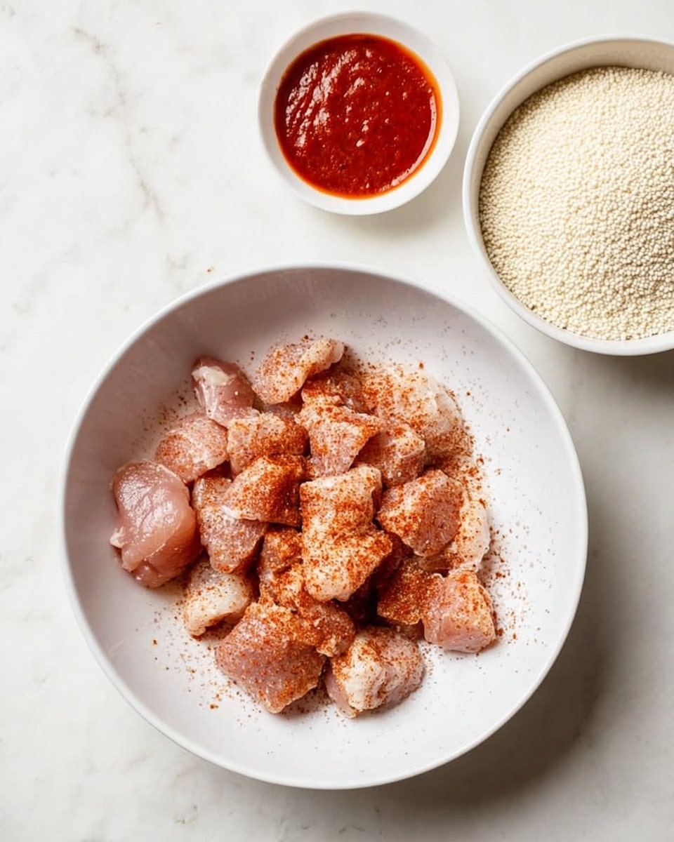 A white bowl sits on a white marbled surface, filled with raw, light pink pieces of meat sprinkled with a reddish-brown seasoning. To the top right of the bowl is another white bowl filled with off-white grains, resembling rice. Below and to the left of the main bowl is a small white bowl holding a thick, red sauce. The scene is simple and clean with no extra items visible. photo taken with an iphone --ar 4:5 --v 7